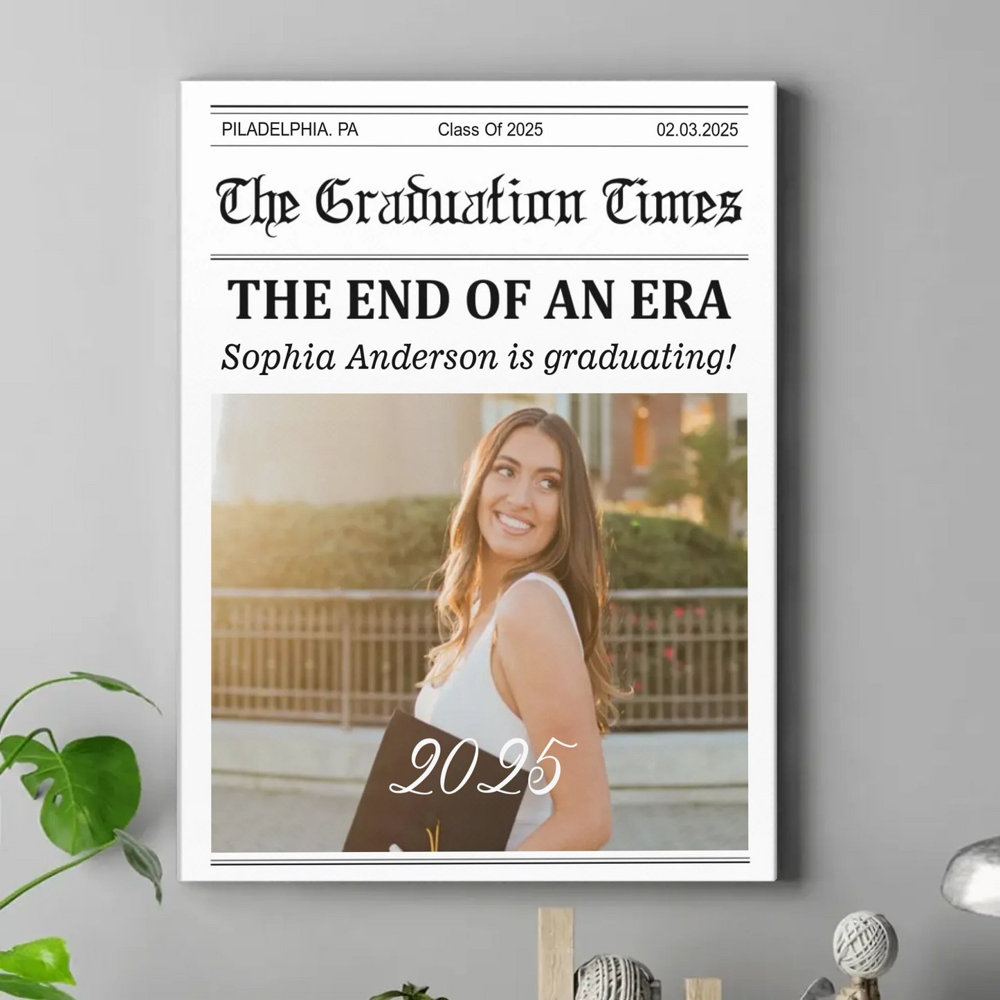 Customized Graduation Newspaper Template Wall Art - Personalized Name,Photo and Date Graduation Season Canvas Painting - A Graduation Gift For Kids,Students,Roommates