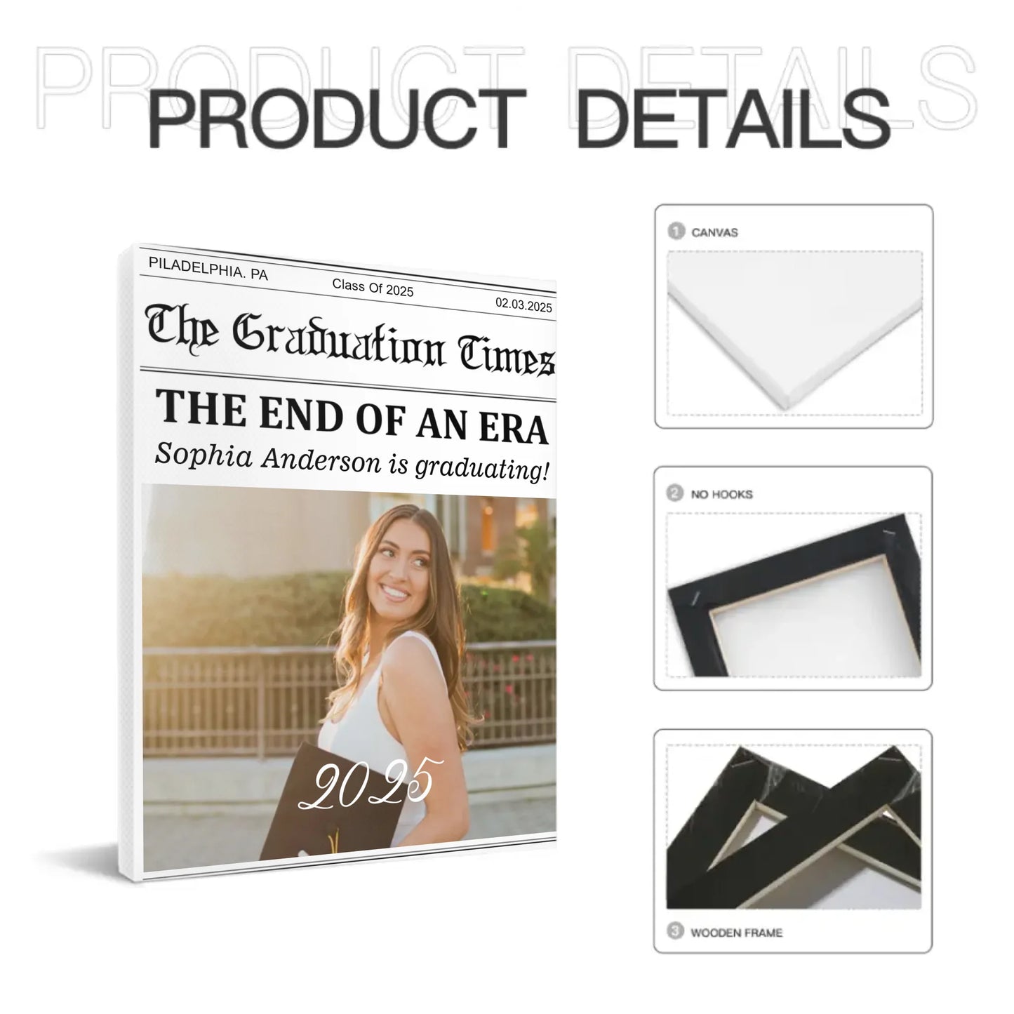 Customized Graduation Newspaper Template Wall Art - Personalized Name,Photo and Date Graduation Season Canvas Painting - A Graduation Gift For Kids,Students,Roommates