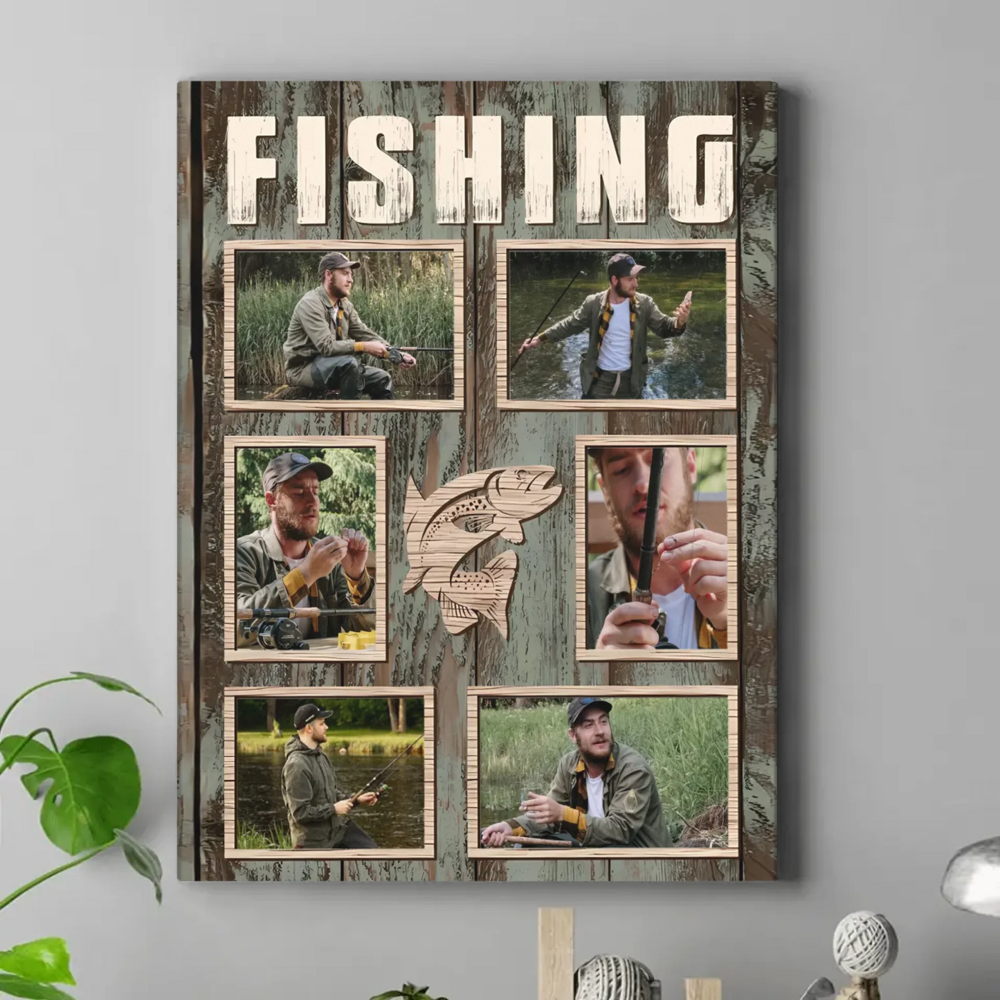 Custom Fishing Themed Wall Art - Personalized Collage of Photos Decorative Painting - A Gift For Dad,Grandpa,Fishing Lovers