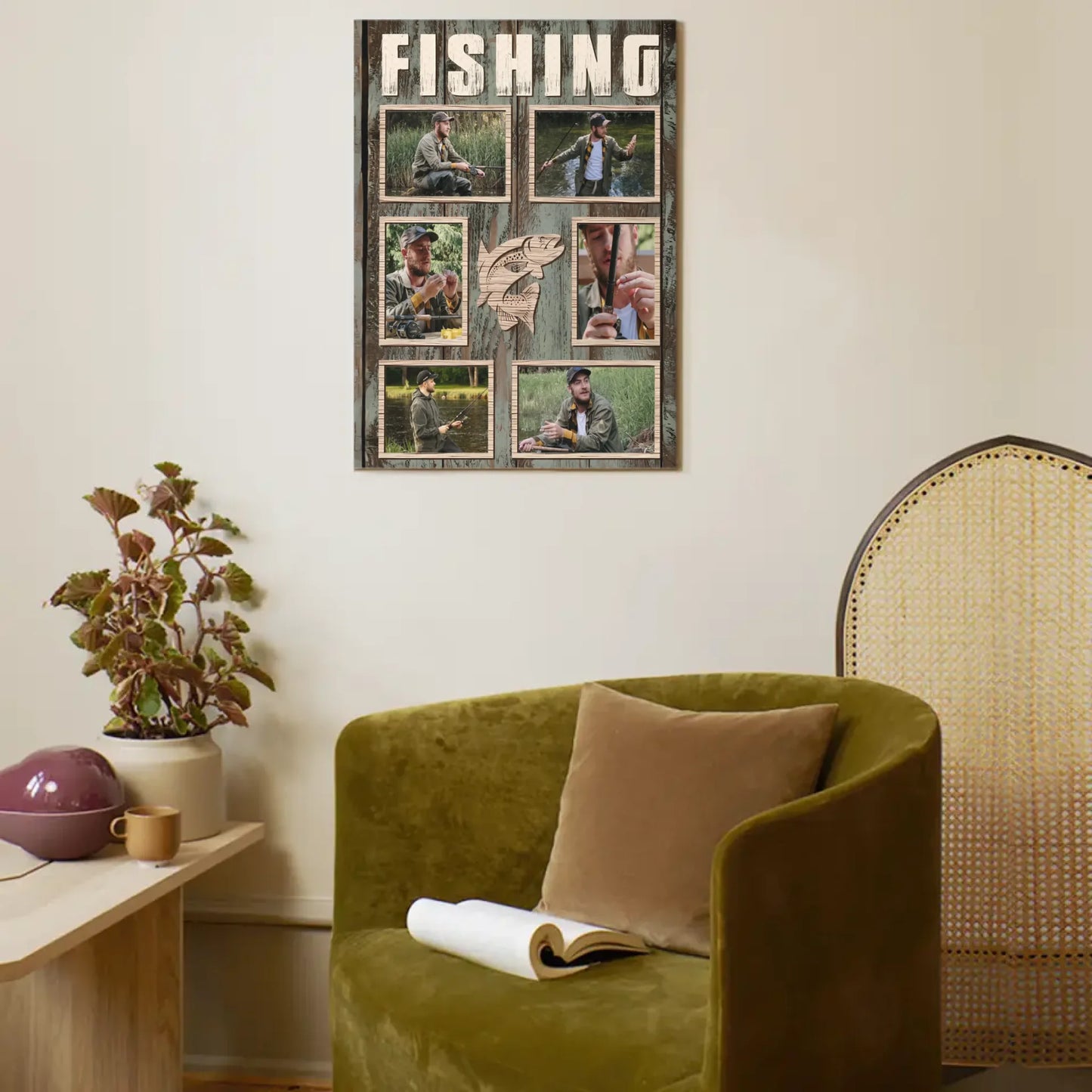 Custom Fishing Themed Wall Art - Personalized Collage of Photos Decorative Painting - A Gift For Dad,Grandpa,Fishing Lovers