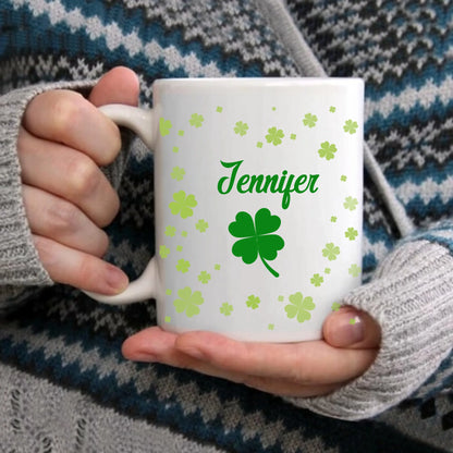 Personalized Name Custom Irish Four Leaf Clover Ceramic Mug - St. Patrick's Day Gift - For Family and Friends