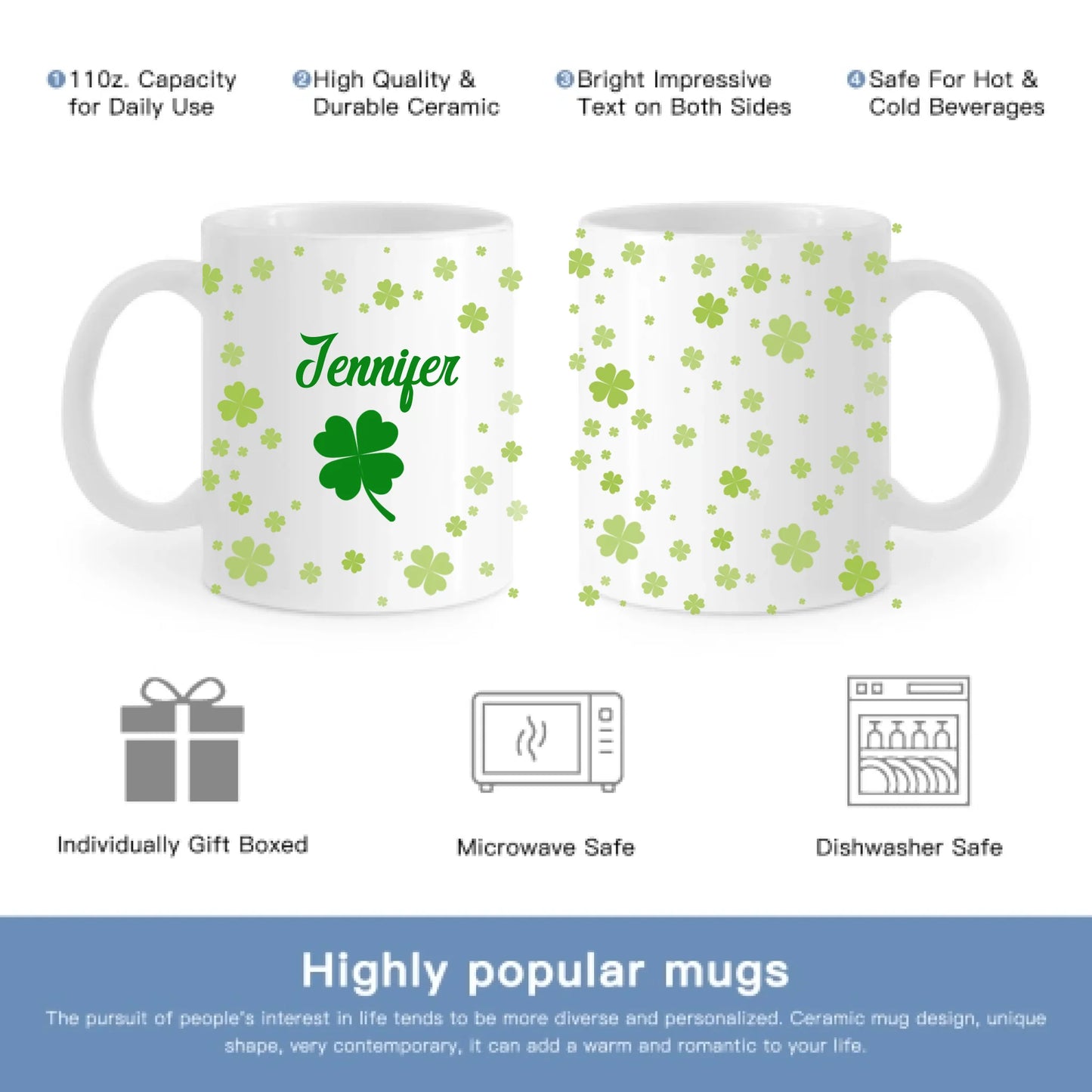 Personalized Name Custom Irish Four Leaf Clover Ceramic Mug - St. Patrick's Day Gift - For Family and Friends