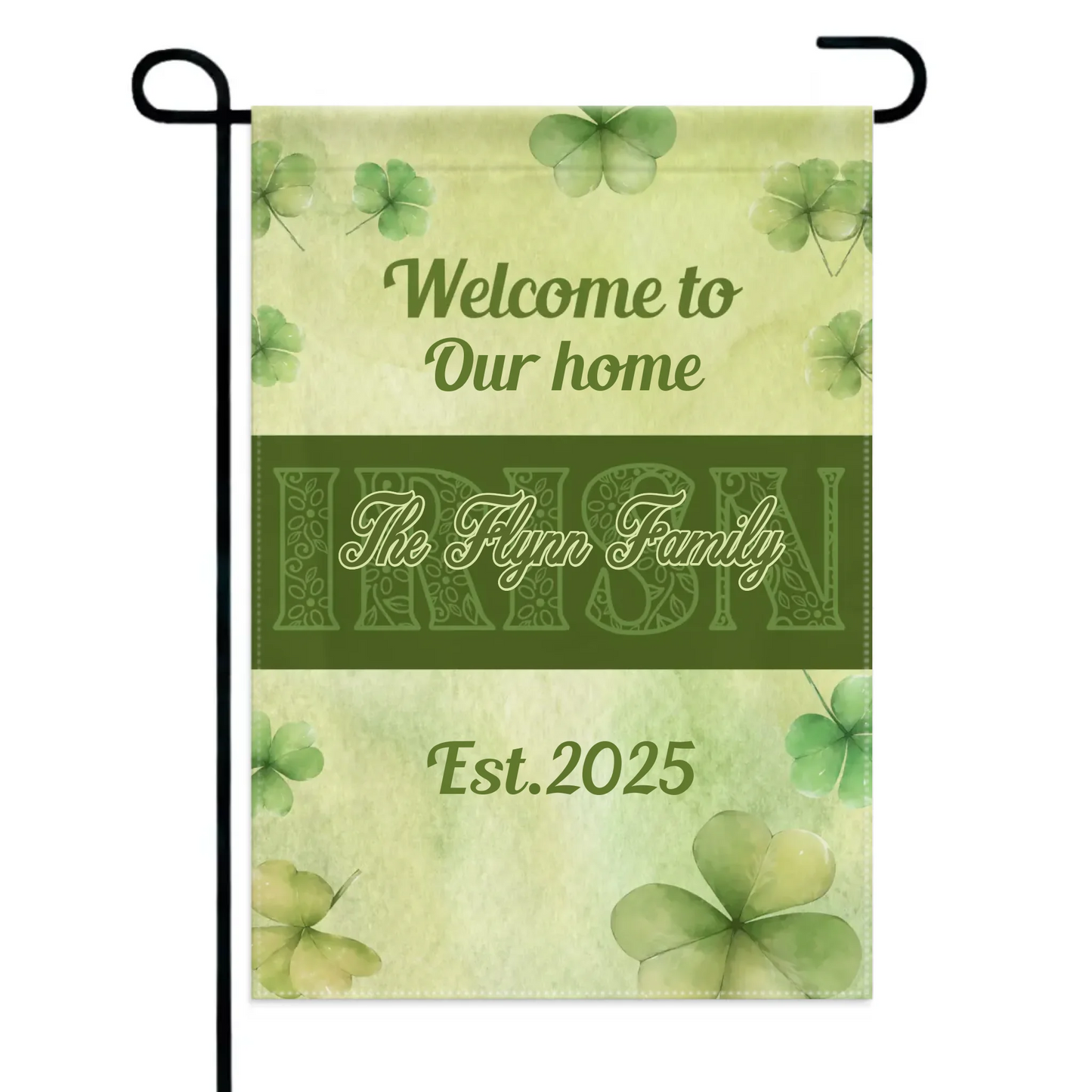 Personalized St. Patrick's Day Irish Shamrock 4-Leaf Garden Flag with Text St. Patrick's Day Gifts for the Family