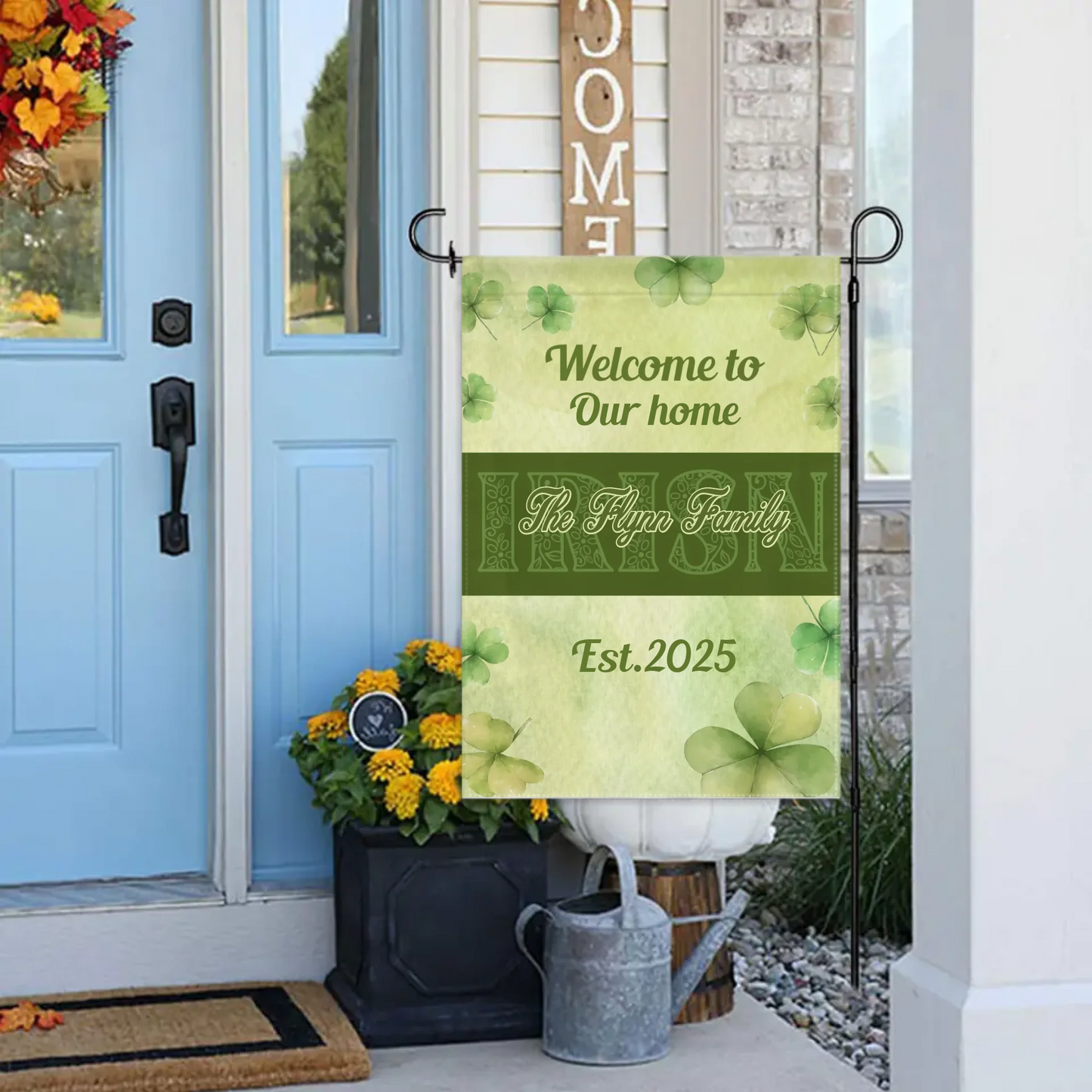 Personalized St. Patrick's Day Irish Shamrock 4-Leaf Garden Flag with Text St. Patrick's Day Gifts for the Family