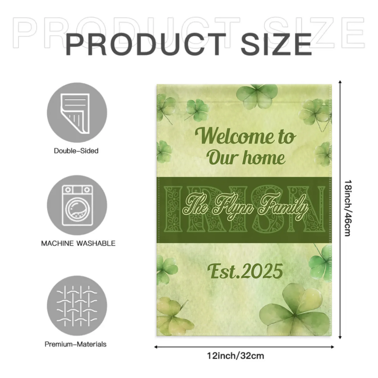 Personalized St. Patrick's Day Irish Shamrock 4-Leaf Garden Flag with Text St. Patrick's Day Gifts for the Family