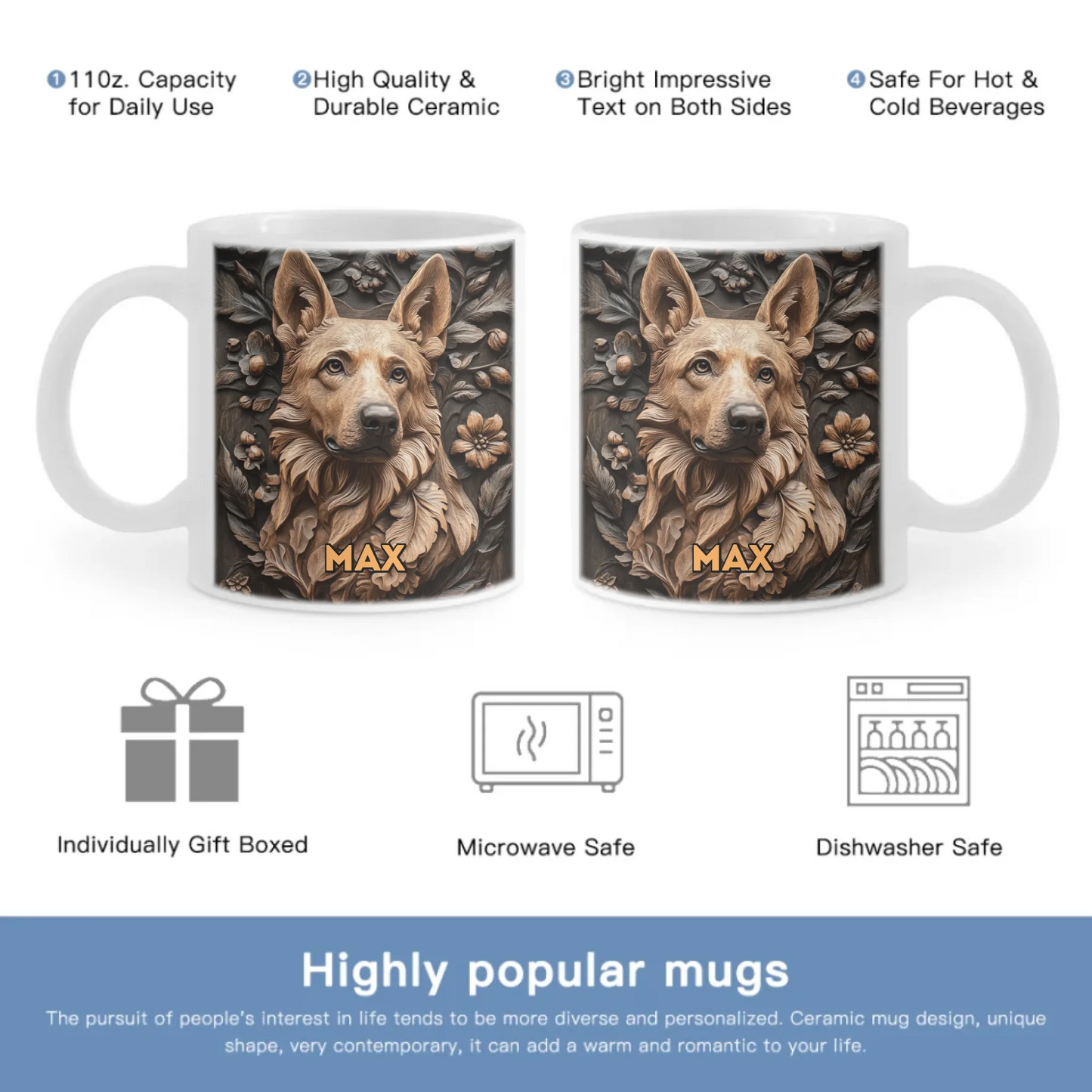 Customized Embossed Style Pattern Mugs - Personalized Dog and Name Mug - A Gift For Dog Owners,Dog Lovers