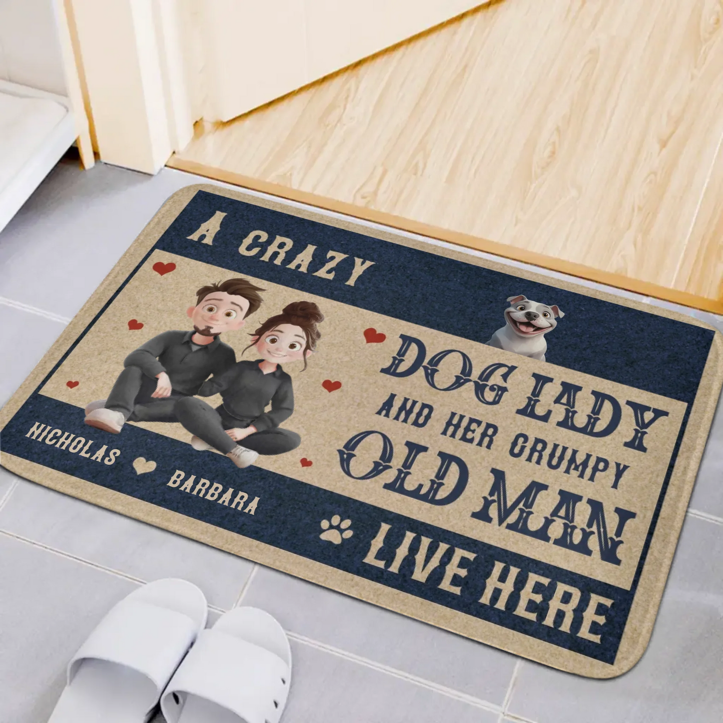 Customized Couple and Dog Floor Mats - Stylish and Trendy Doormat with Personalized Character Images,Names and Dog Breeds - Funny Gifts For Dog Owners,Dog Lovers,Family