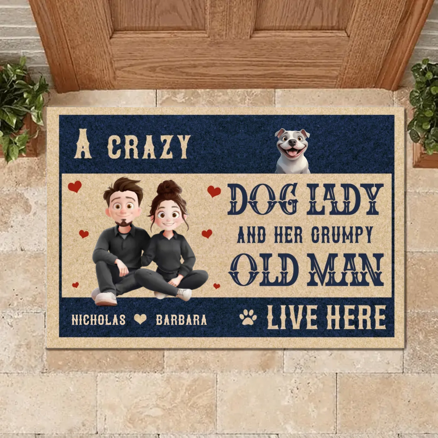 Customized Couple and Dog Floor Mats - Stylish and Trendy Doormat with Personalized Character Images,Names and Dog Breeds - Funny Gifts For Dog Owners,Dog Lovers,Family