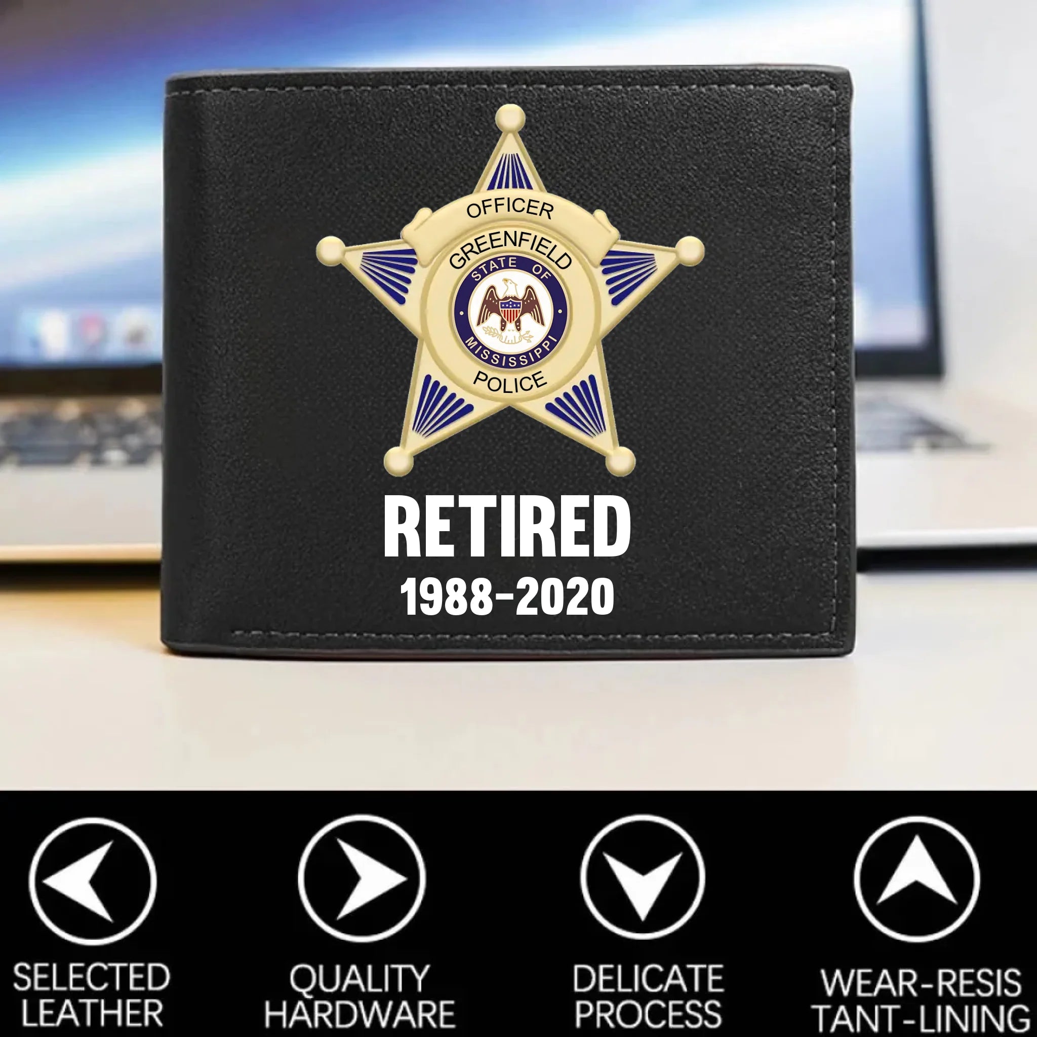 Customised American Police Badge Themed Leather Wallet - Police Commemorative  Wallet with Personalised Badge,Department,Time and Text - A Gift For Police,Family,Friend