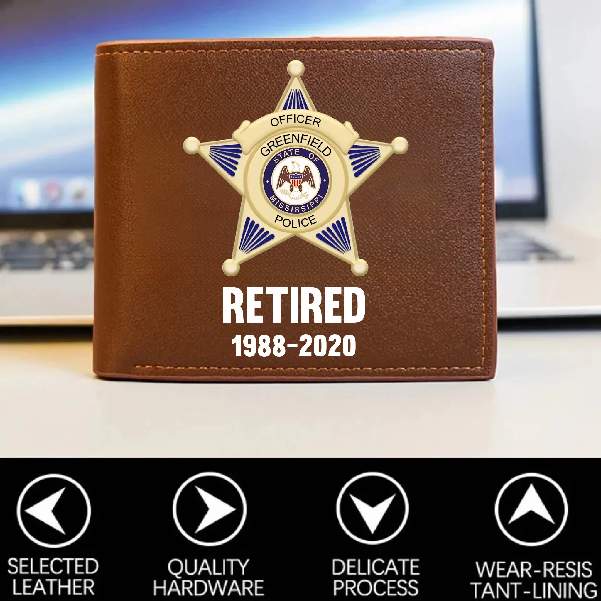 Customised American Police Badge Themed Leather Wallet - Police Commemorative  Wallet with Personalised Badge,Department,Time and Text - A Gift For Police,Family,Friend