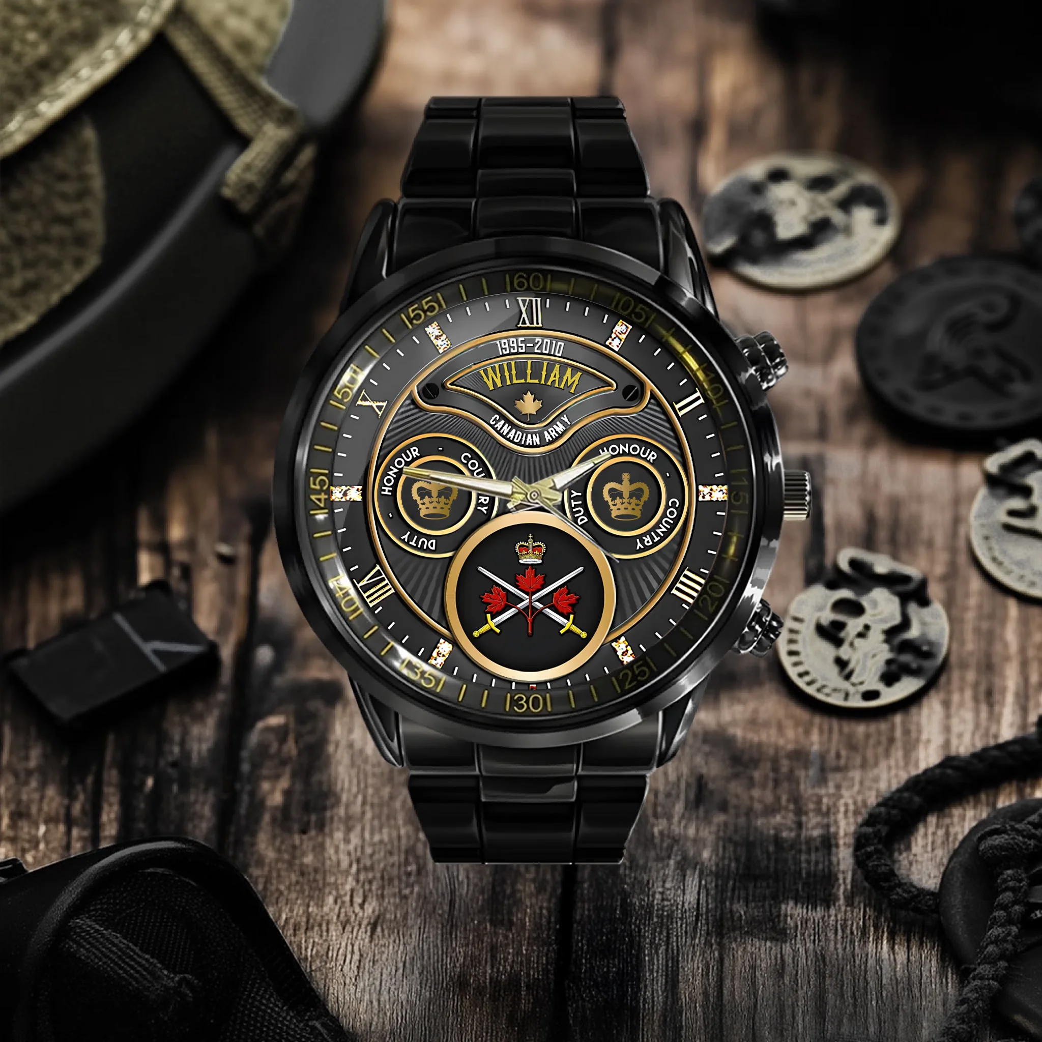 Personalized Canadian Veteran Logo & Rank Custom Name & Time Watch