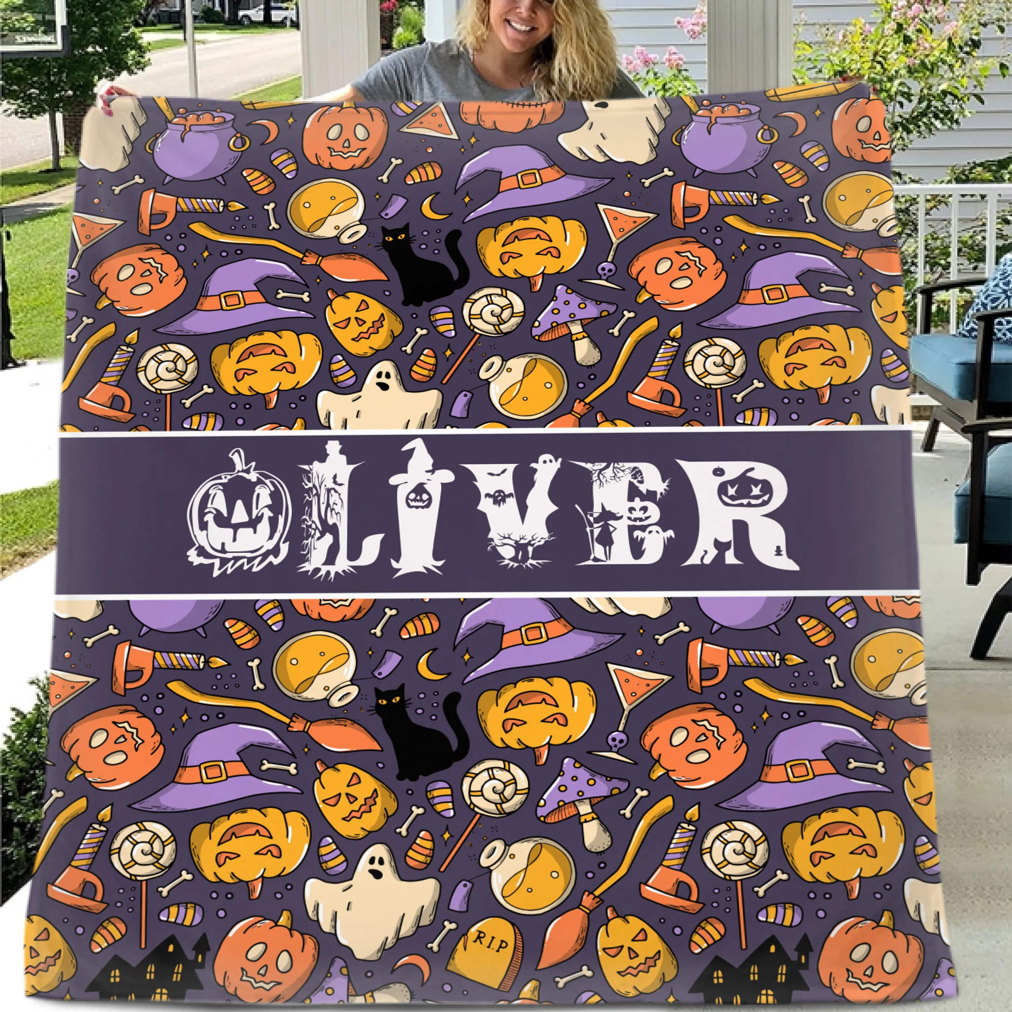 Custom Halloween Name Blanket – Personalized Pumpkin & Ghost Letter – Gift for Kids