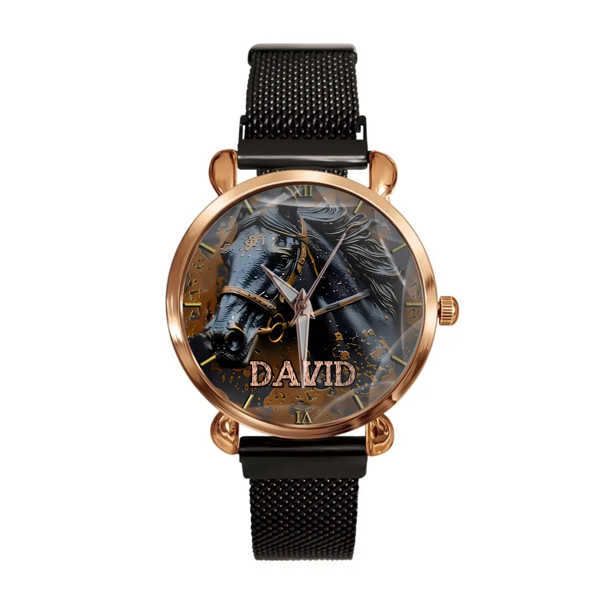Custom Black Horse Dial Watch - Personalised Name Black BMW Image Printed Watch - Gift for Friend,Family,Dad,Horse Lover
