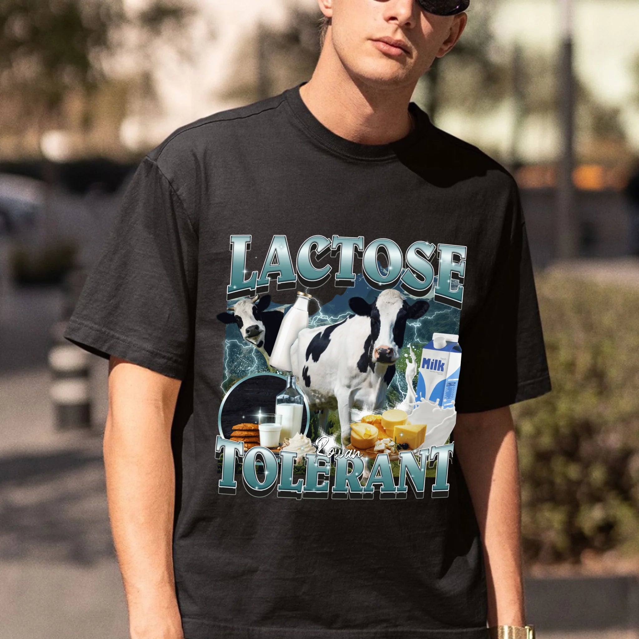 Lactose Tolerant Meme T Shirt Funny Foodie Graphic Tee Cow Milk Cheese Lover Shirt