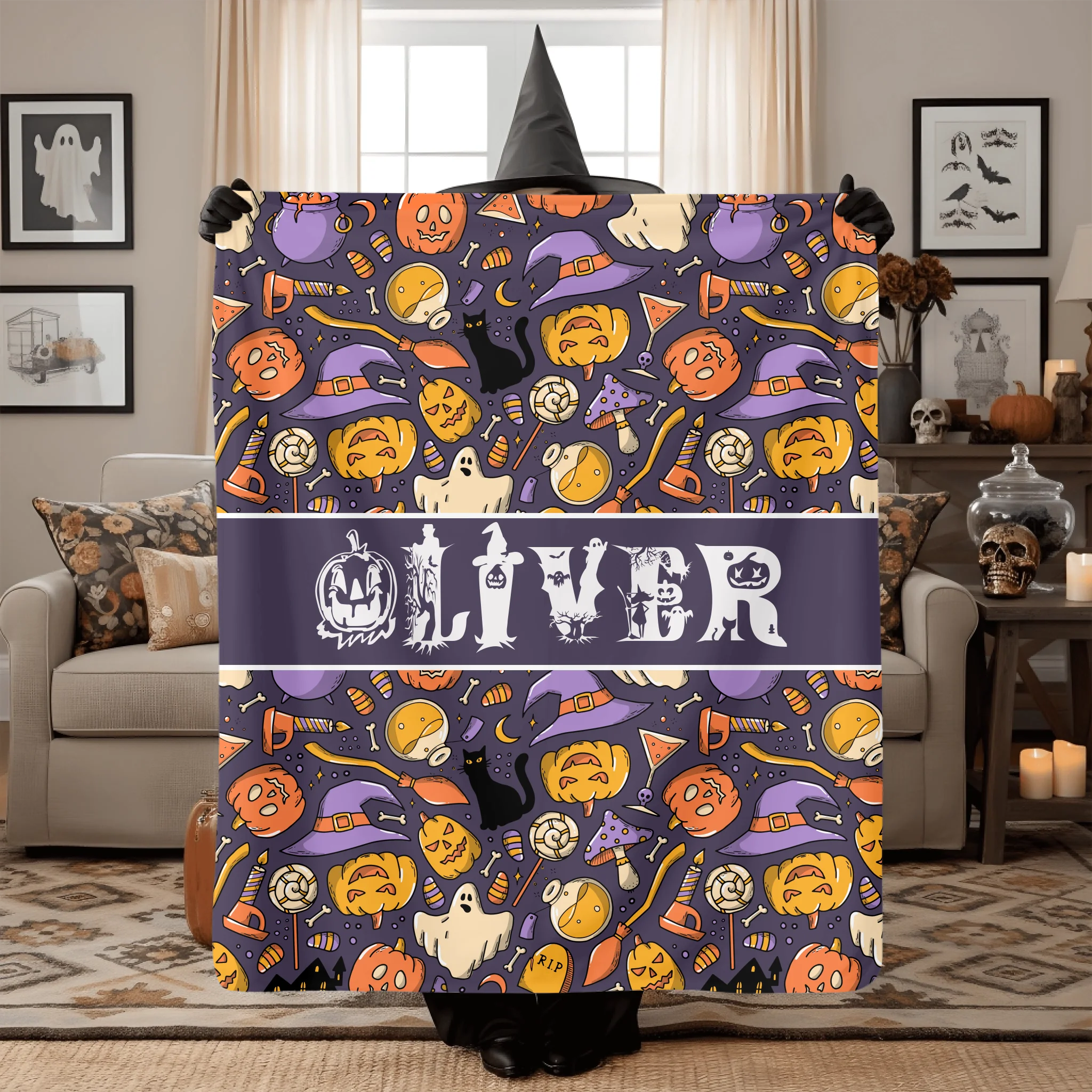 Custom Halloween Name Blanket – Personalized Pumpkin & Ghost Letter – Gift for Kids