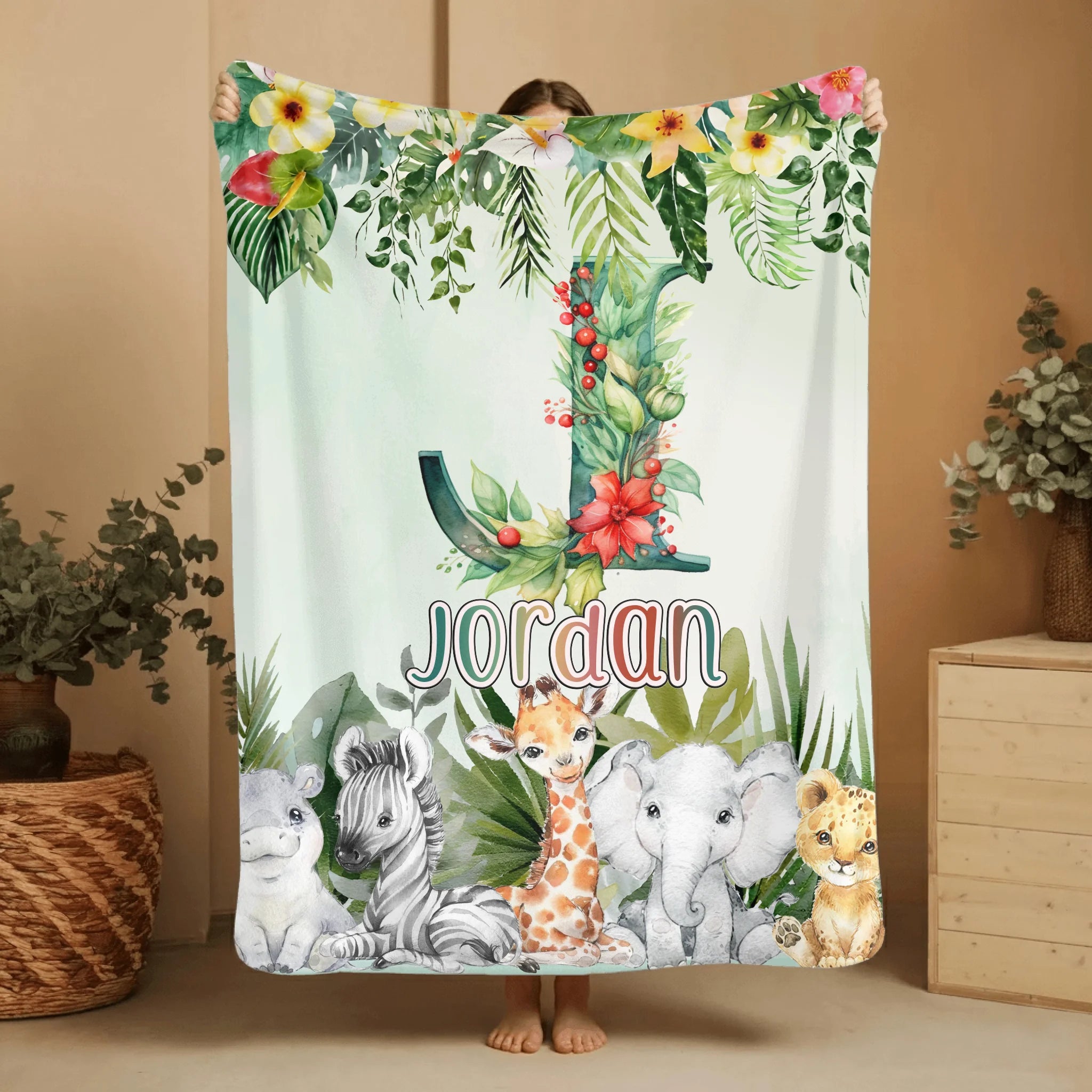 Custom Jungle Animal Blanket - Personalized Safari Baby Throw Blanket - Gift for Kids and Newborns