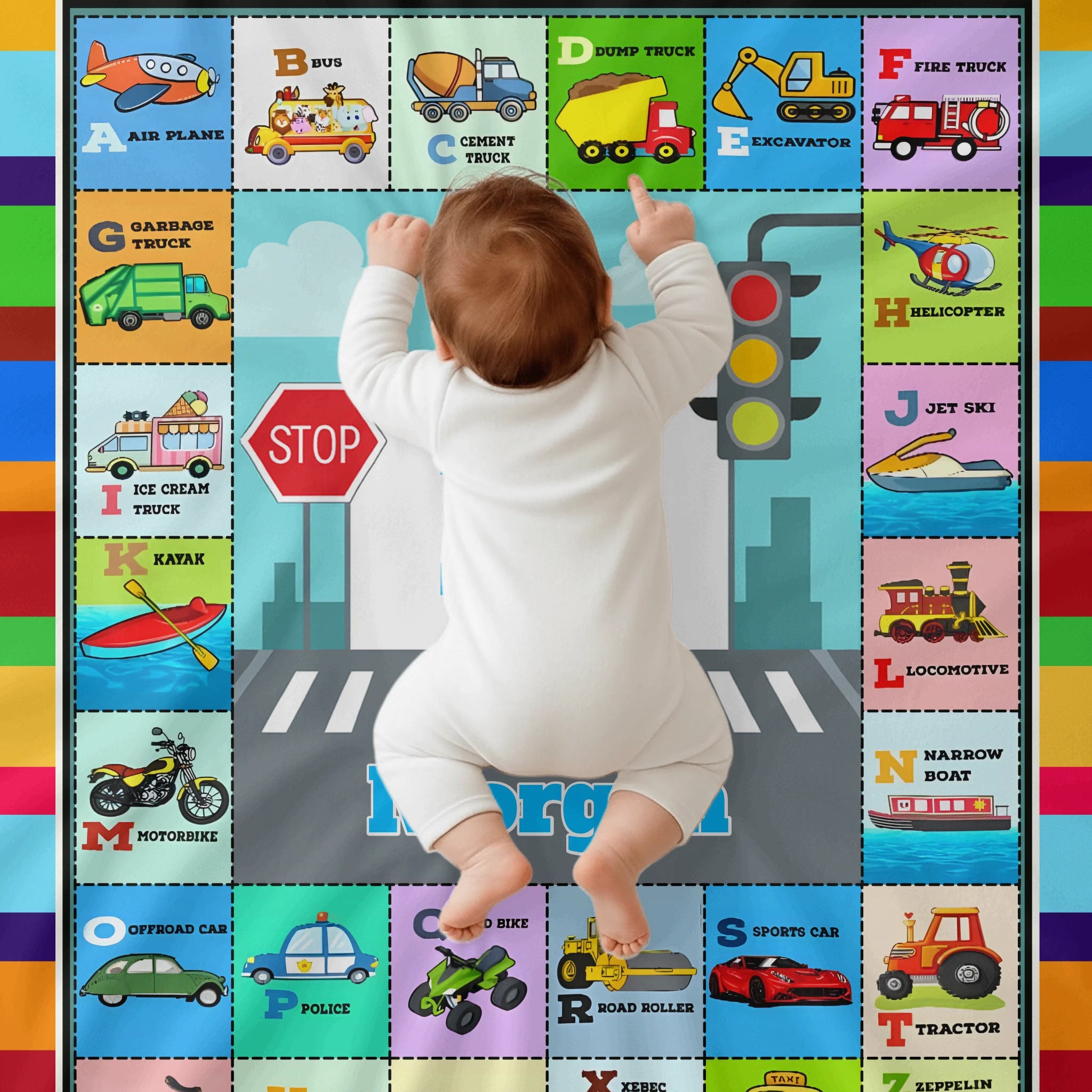 Custom Car & Truck Alphabet Blanket - Personalized Kids Learning Blanket - Gift for Toddlers and Children