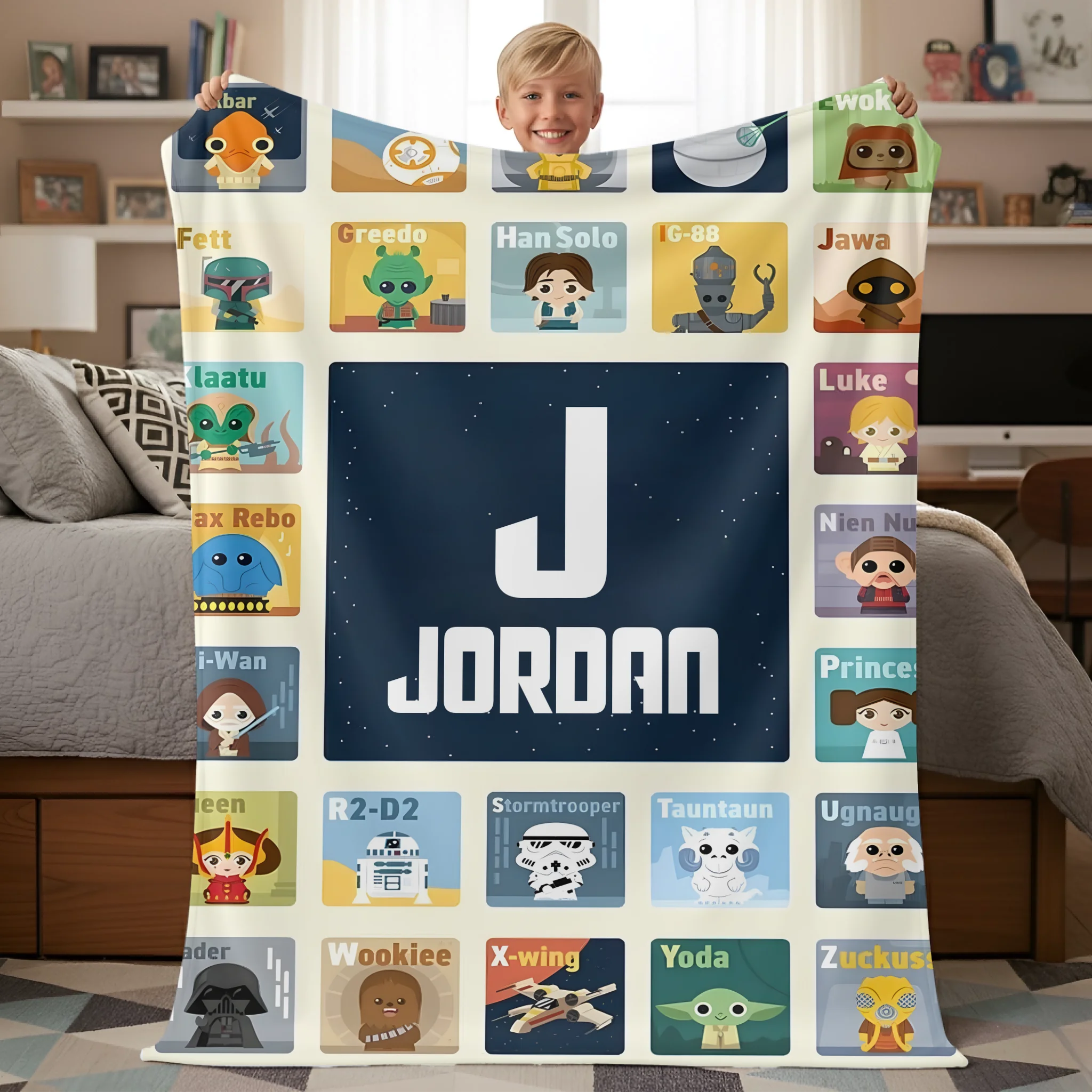 Custom Star Wars Alphabet Blanket - Personalized Cartoon Character Name Blanket - Gift for Kids