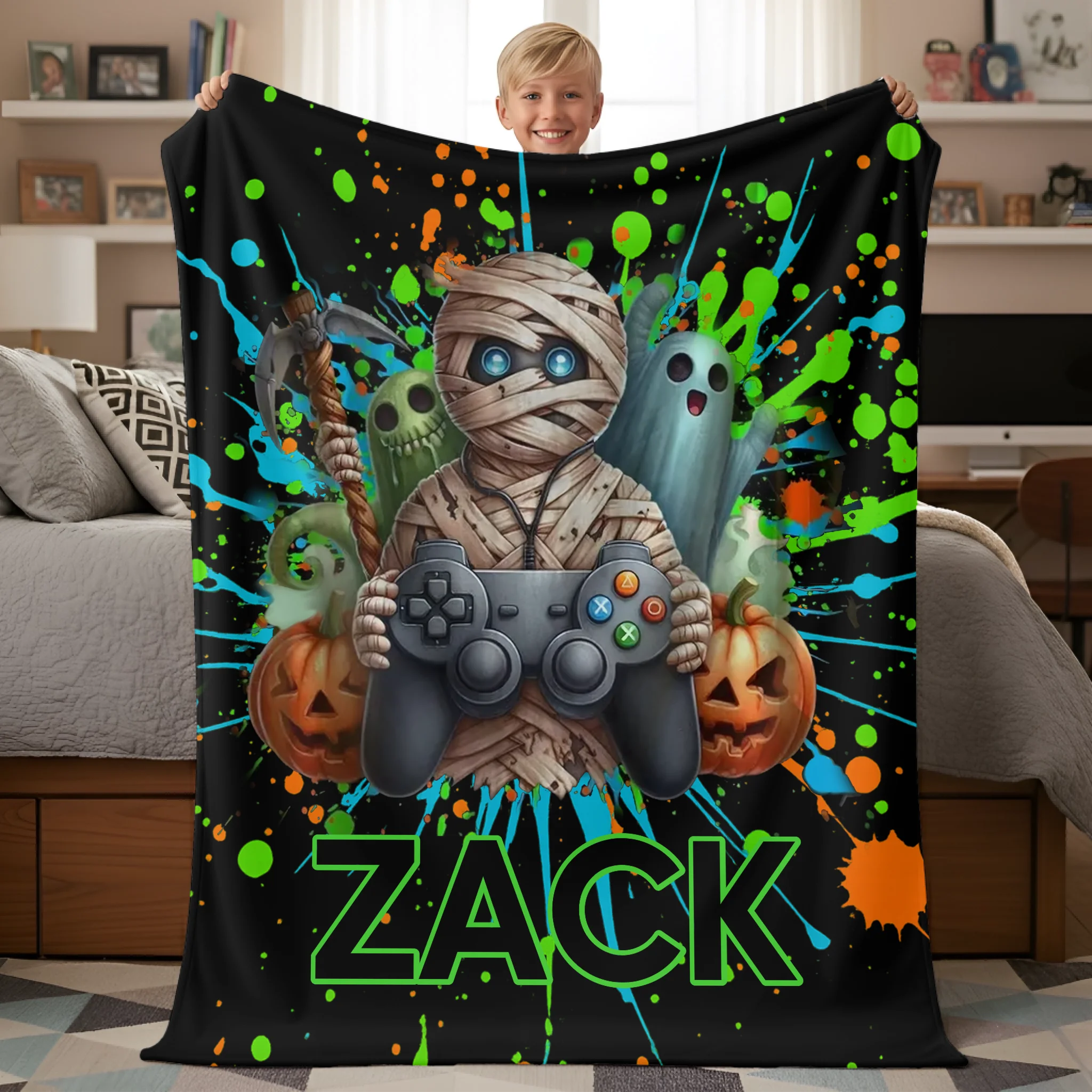 Custom Gamer Mummy Blanket - Personalized Halloween Gaming Throw Blanket - Gift for Teens