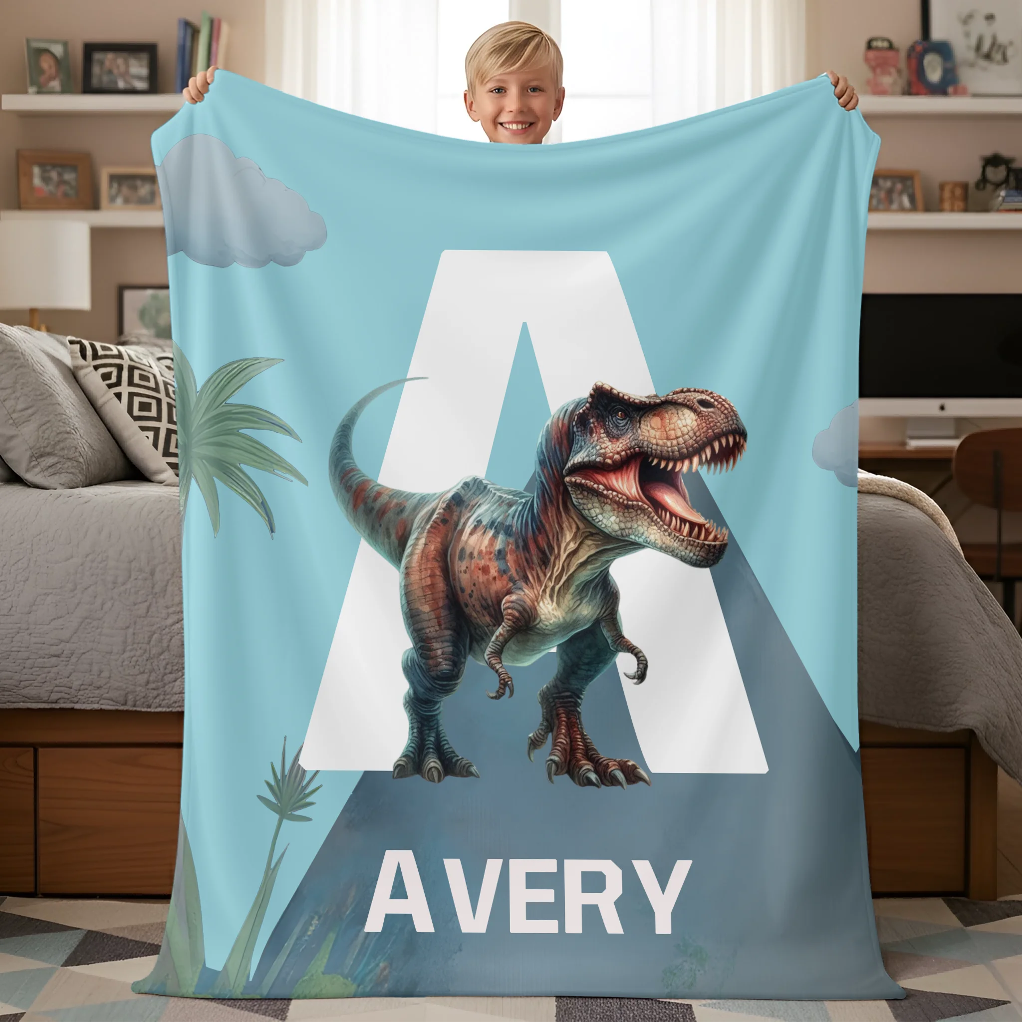 Custom Dinosaur Initial Blanket - Personalized Dino Name Throw Blanket - Gift for Kids