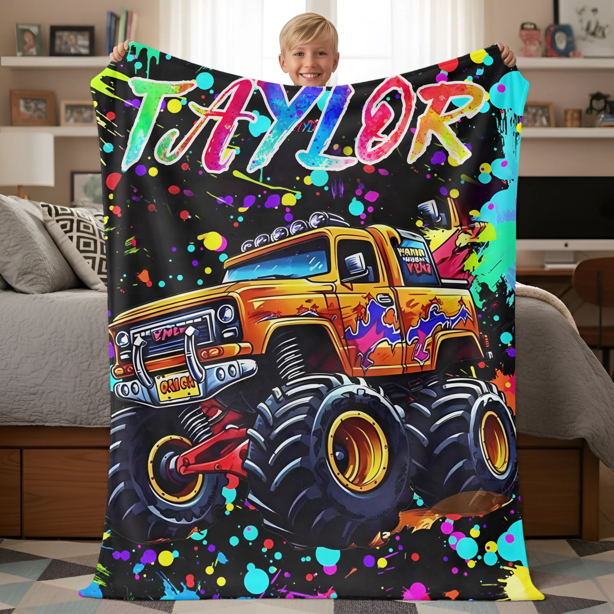 Custom Name Monster Truck Splatter Blanket – Fun Gift for Truck Lovers & Kids