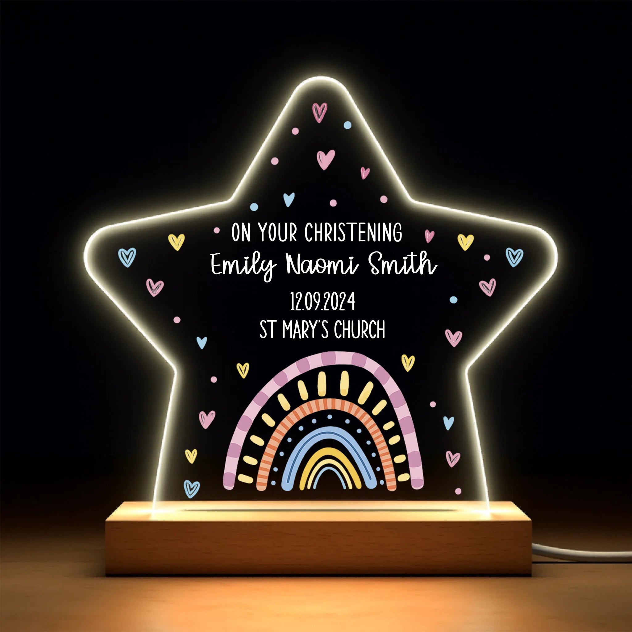 Custom Rainbow Star Night Light - Personalized Christening Gift with Name and Date - Gift for Girls kids