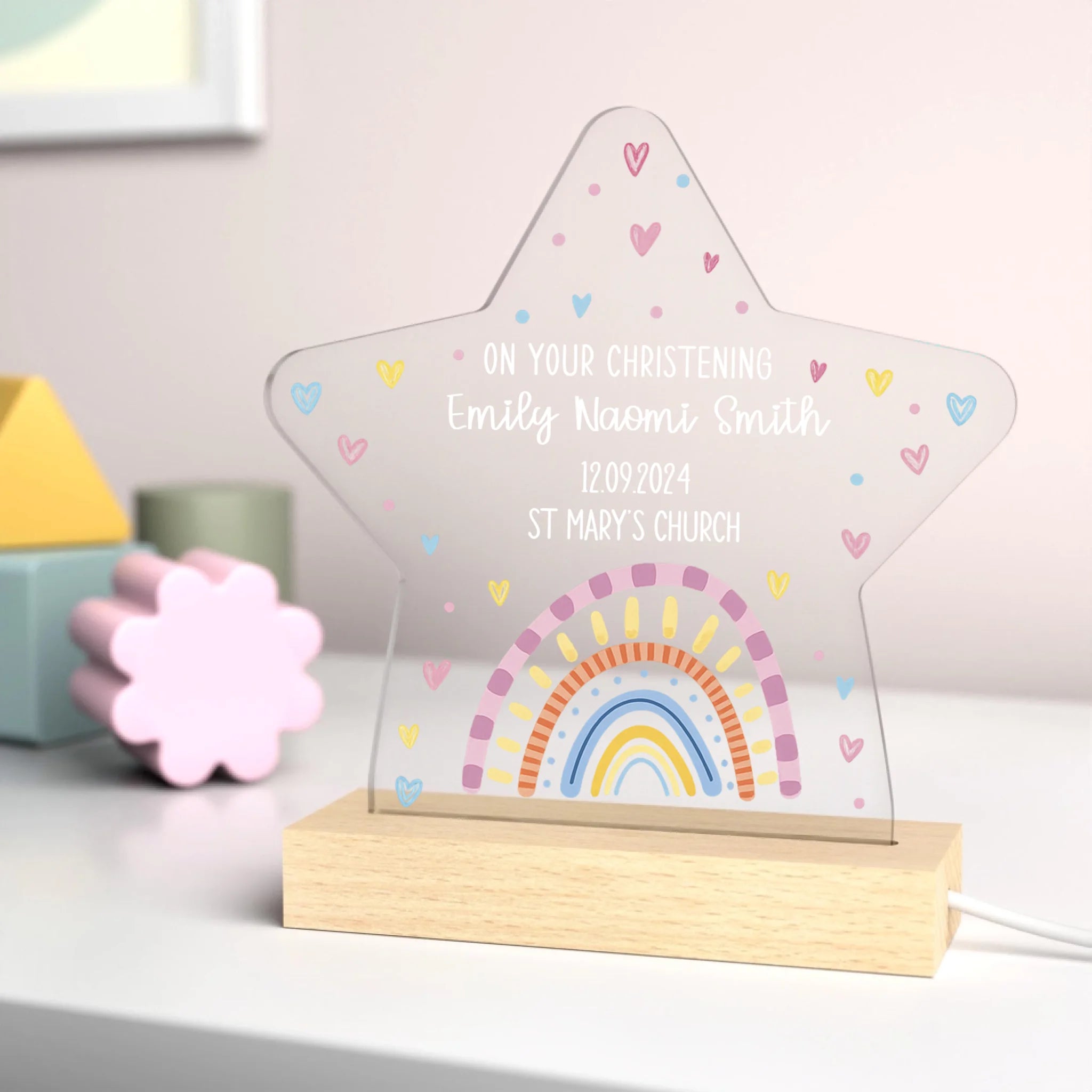 Custom Rainbow Star Night Light - Personalized Christening Gift with Name and Date - Gift for Girls kids