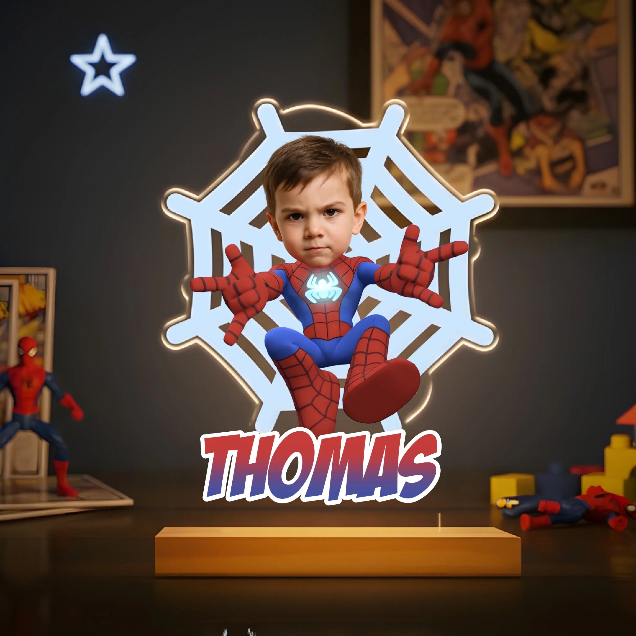 Custom Spider-Man Night Light - Personalized Name and Photo Superhero LED Lamp - Gift for Kids Boys Girls