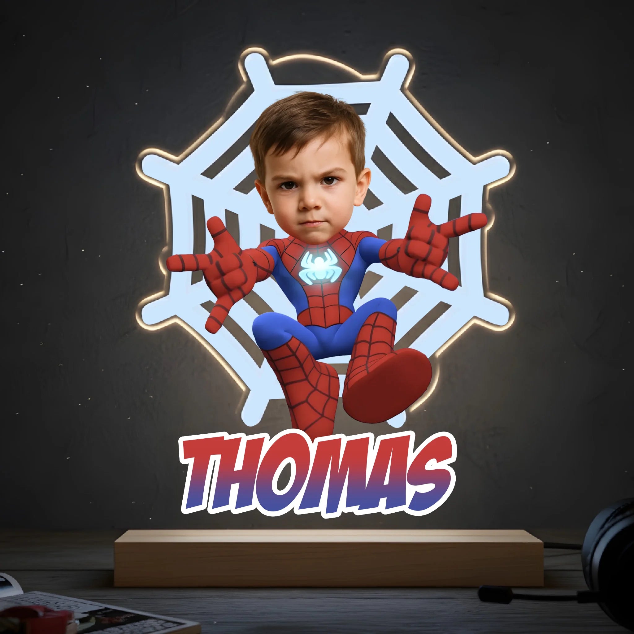 Custom Spider-Man Night Light - Personalized Name and Photo Superhero LED Lamp - Gift for Kids Boys Girls