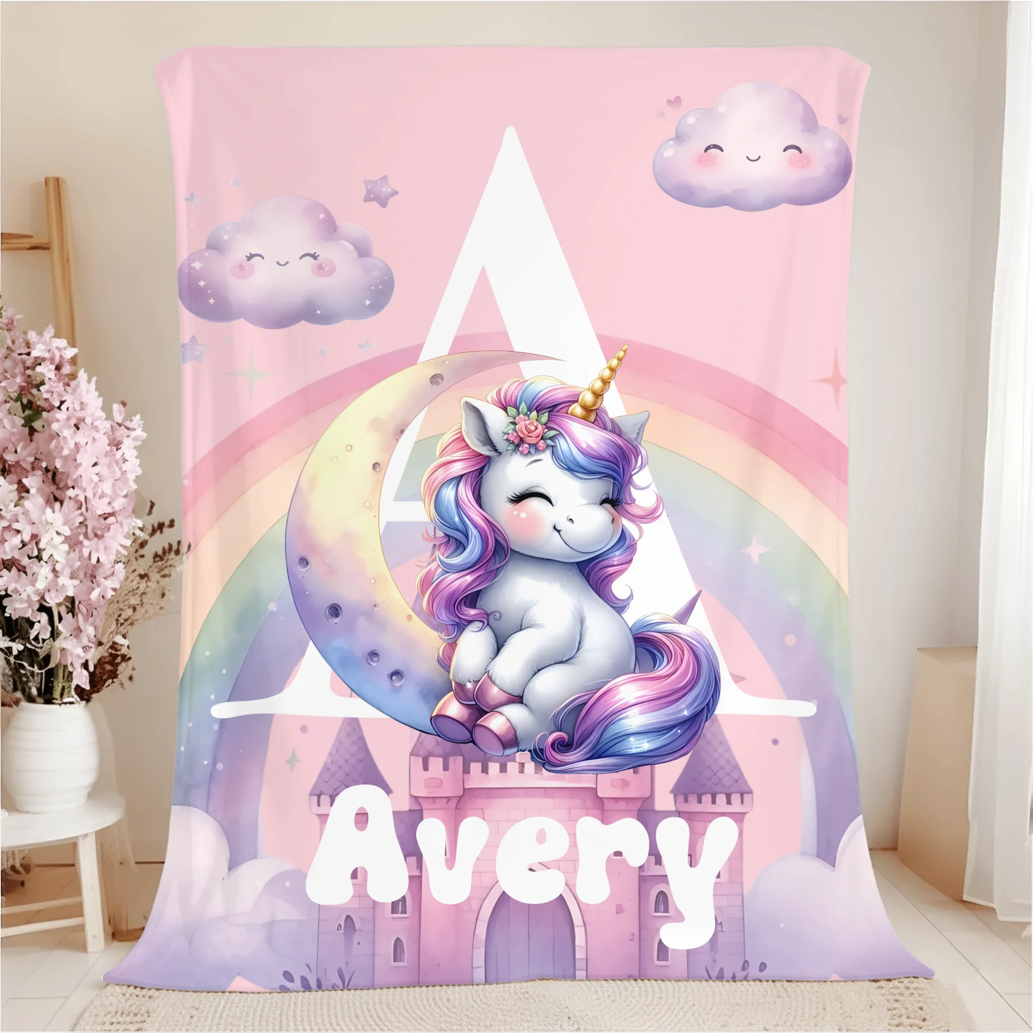 Customized Rainbow Unicorn Kids Blanket - Personalized Initial and Name - Magical Gift For Kids