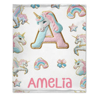 Custom Unicorn Alphabet Blanket - Personalized Initial & Name Rainbow Throw - Gift for Girls, Kids