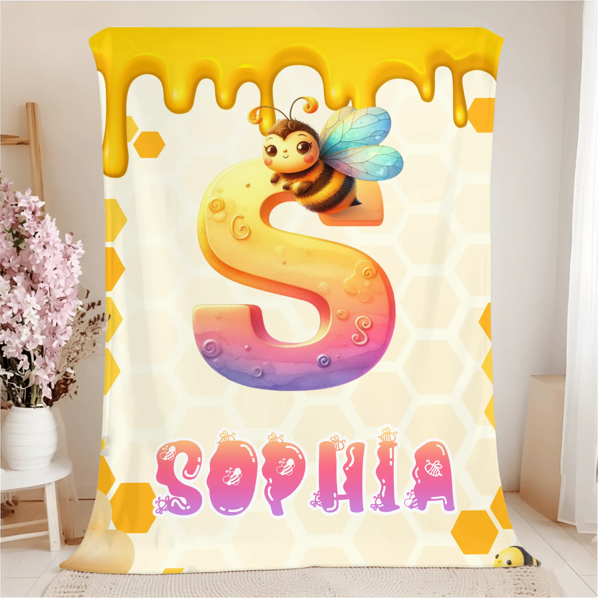 Custom Bee Blanket - Personalized Bumblebee Initial Name Blanket - Gift for Children