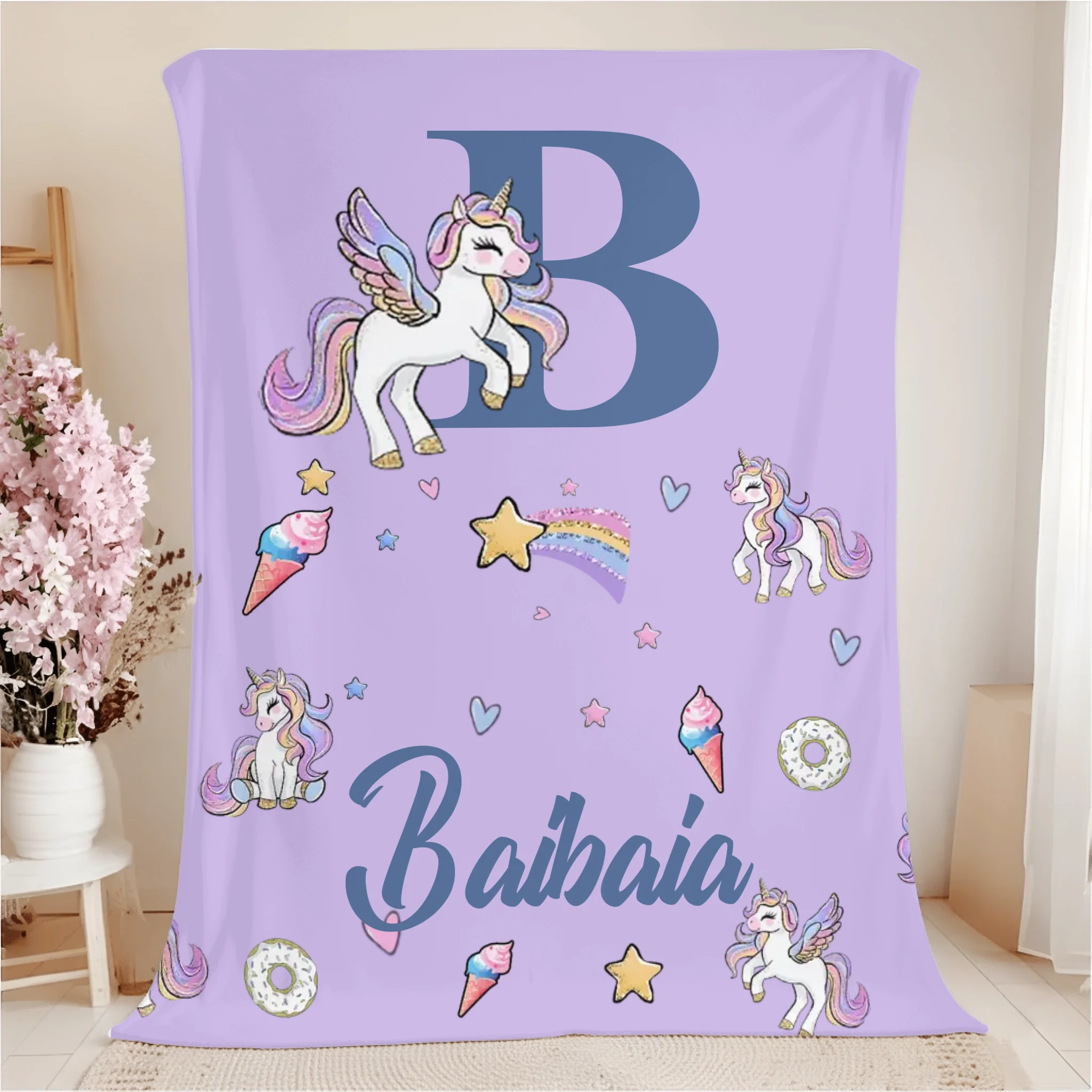 Custom Unicorn Initial Blanket - Personalized Letter & Name Kids Throw - Gift for Girls