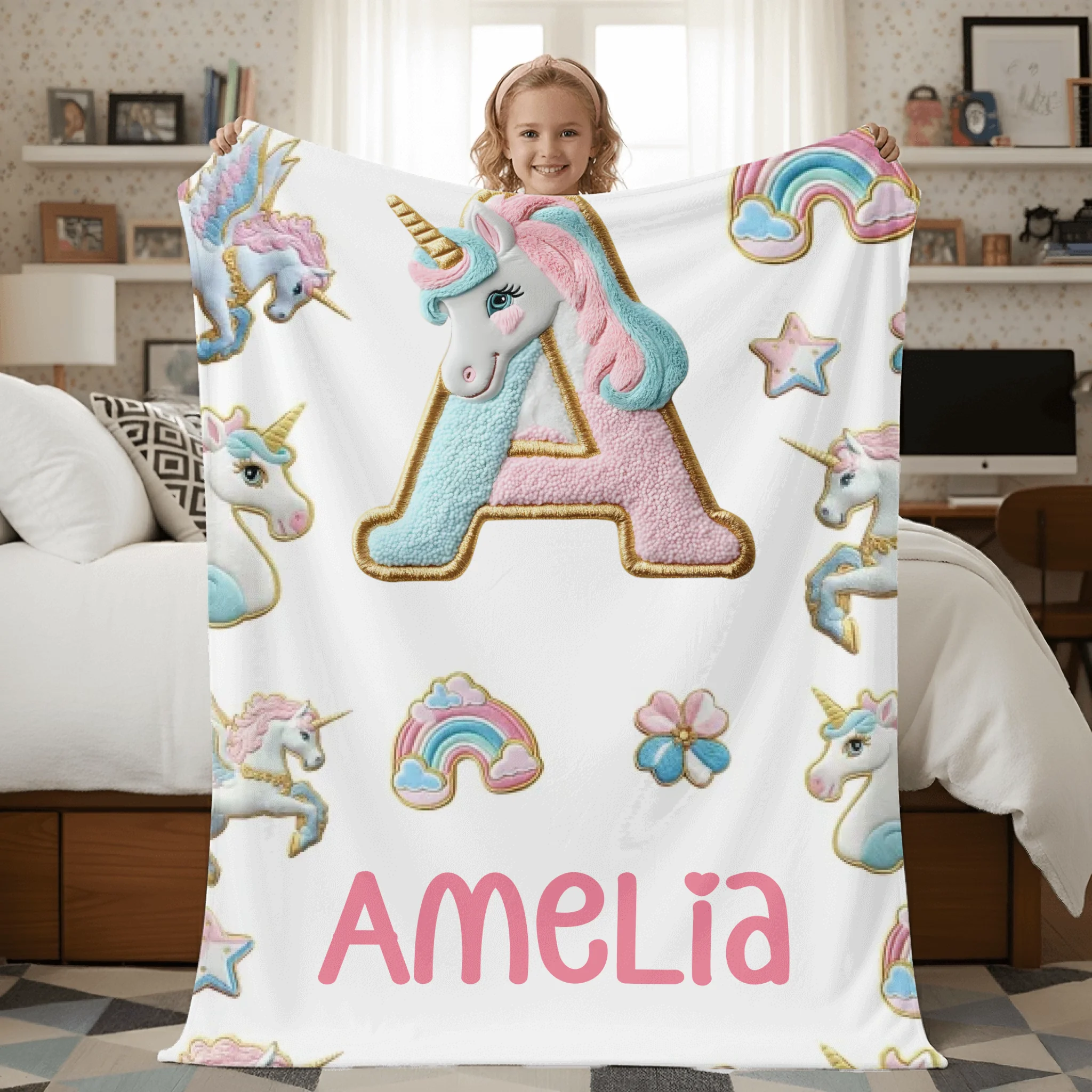Custom Unicorn Alphabet Blanket - Personalized Initial & Name Rainbow Throw - Gift for Girls, Kids