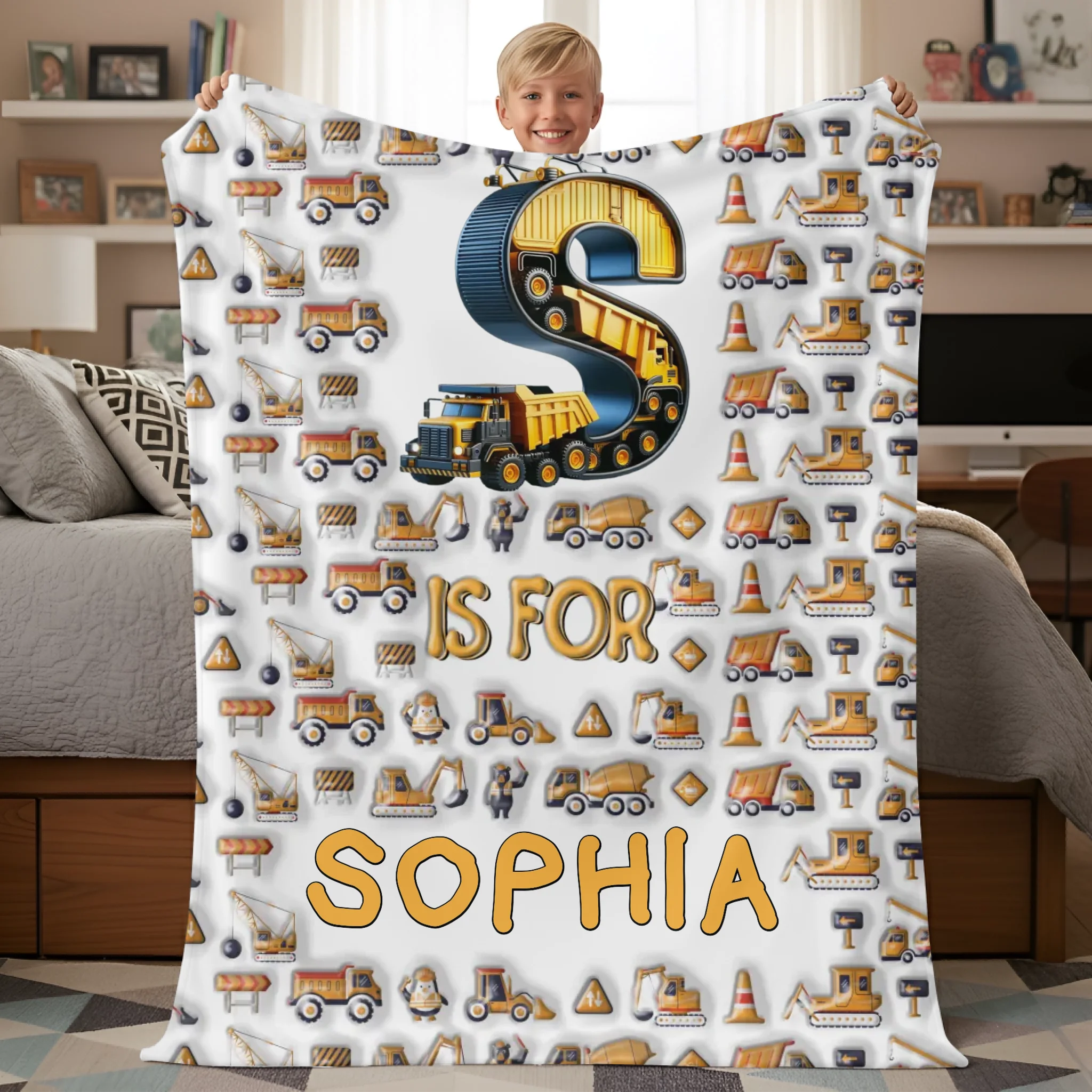 Custom Construction Truck Blanket - Personalized Excavator & Vehicle Alphabet Throw - Gift for Kids, Boys