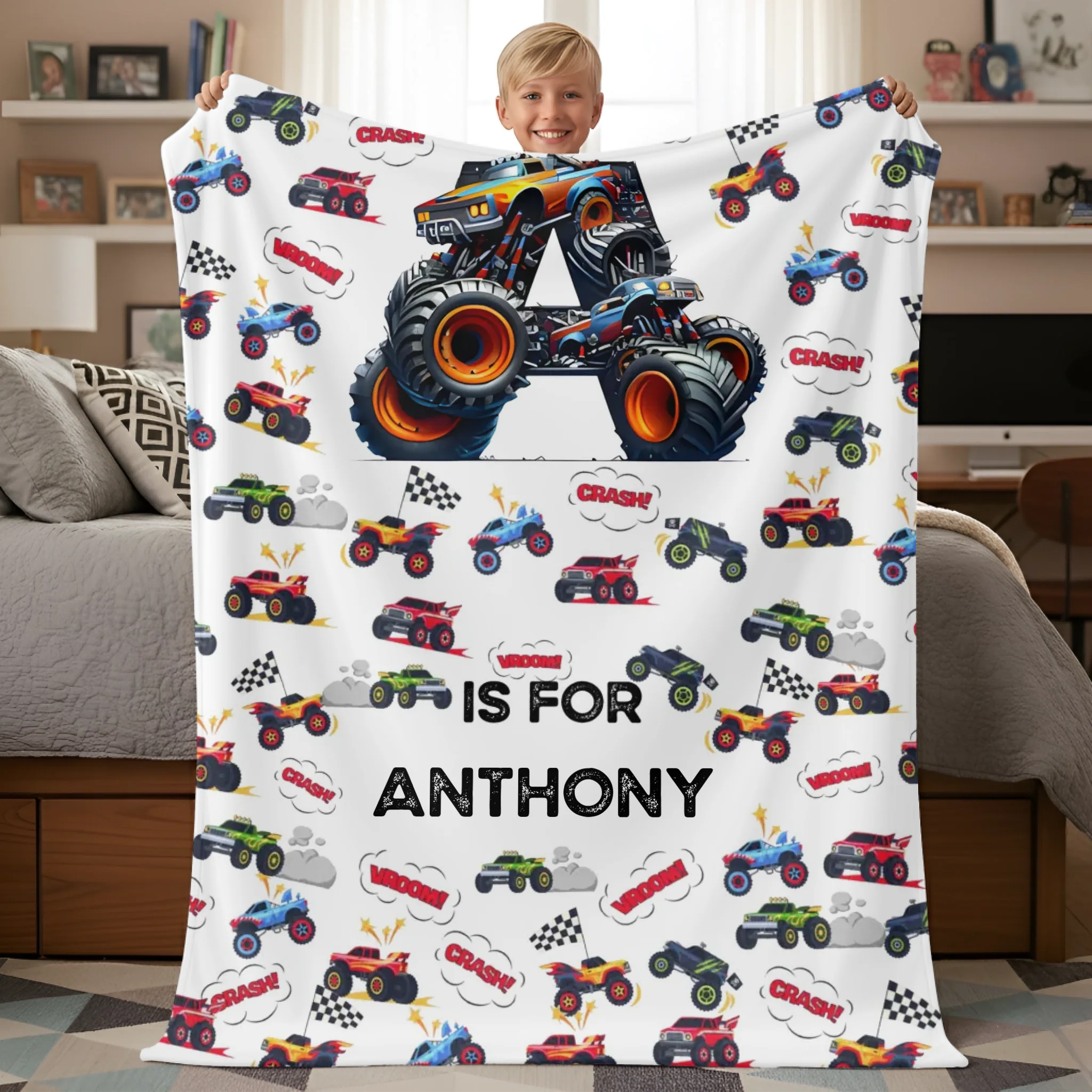 Custom Race Car Number Blanket - Personalized Monster Truck Birthday Throw - Gift for Kids, Boys