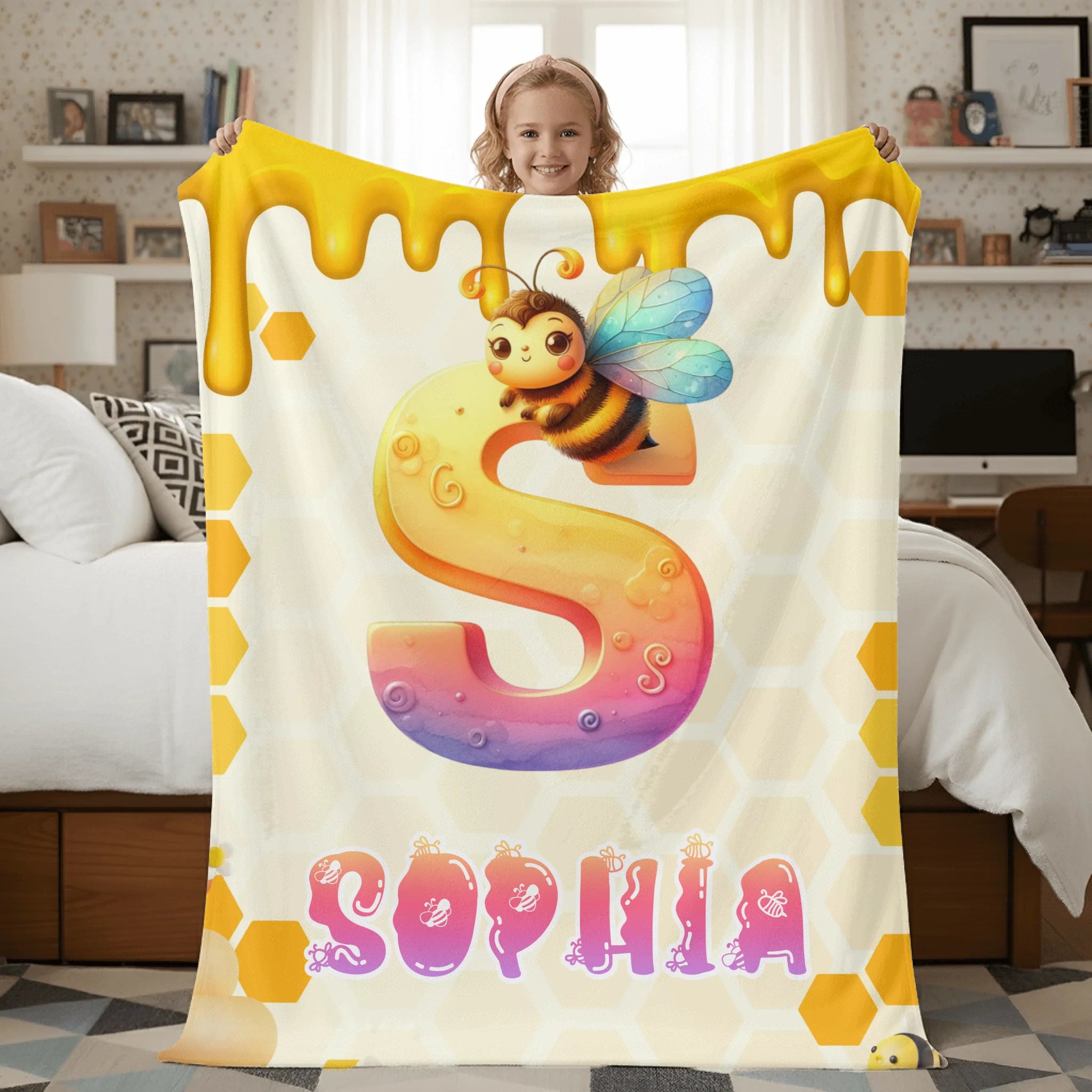 Custom Bee Blanket - Personalized Bumblebee Initial Name Blanket - Gift for Children