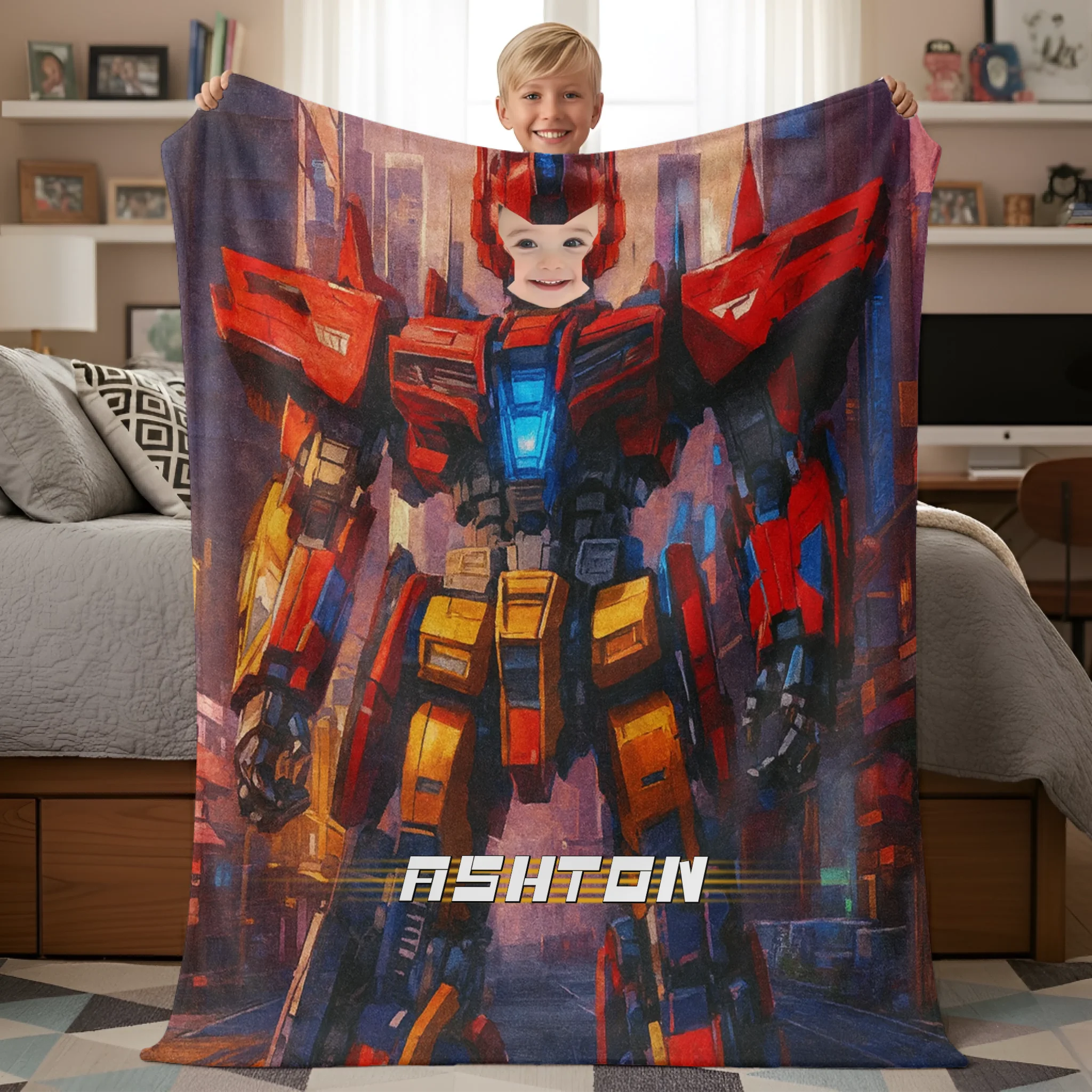 Custom Robot Blanket - Personalized Face Photo Transformer Throw Blanket - Gift for Kids Boys