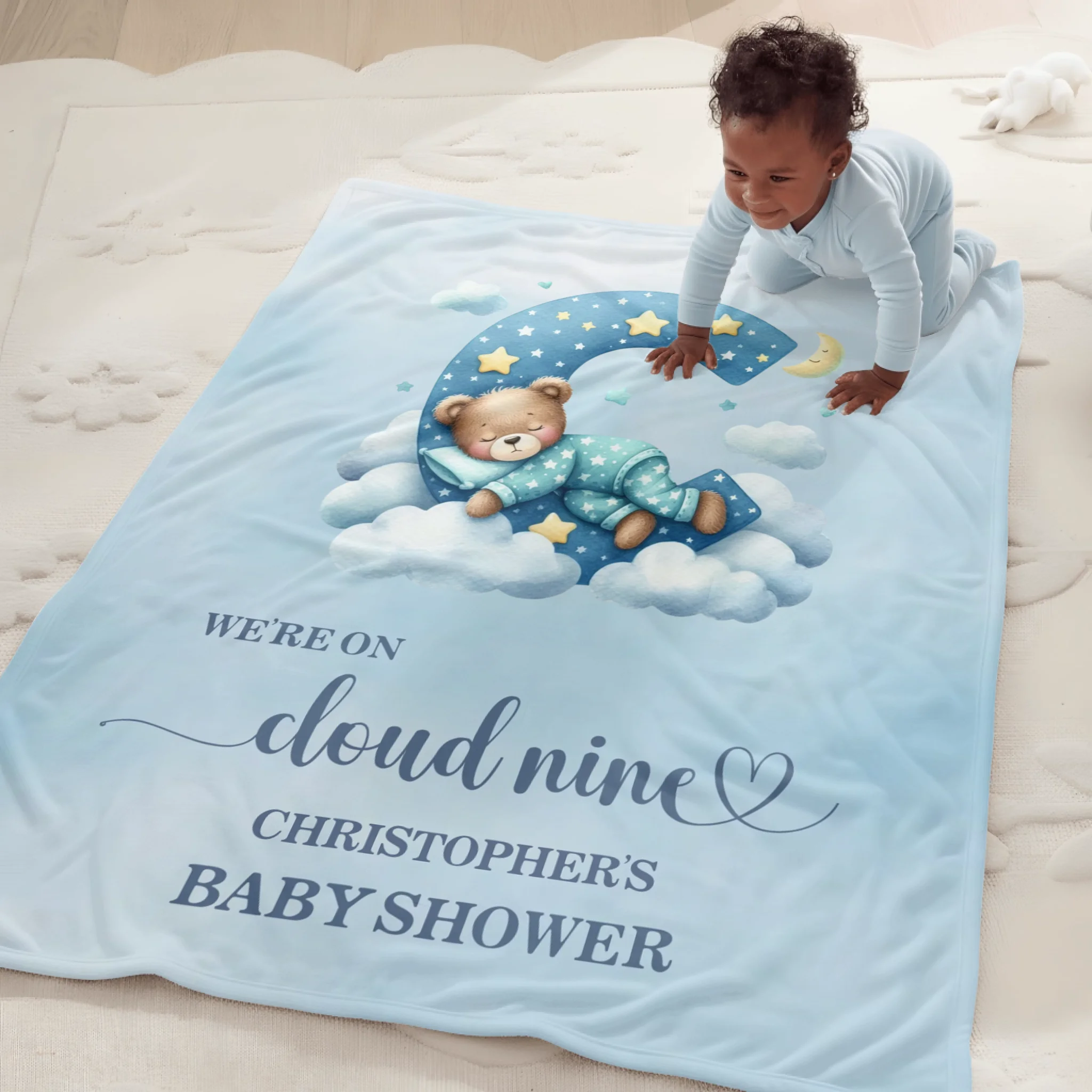 Custom Baby Shower Blanket - Personalized Teddy Bear Cloud Throw Blanket - Gift for Newborns