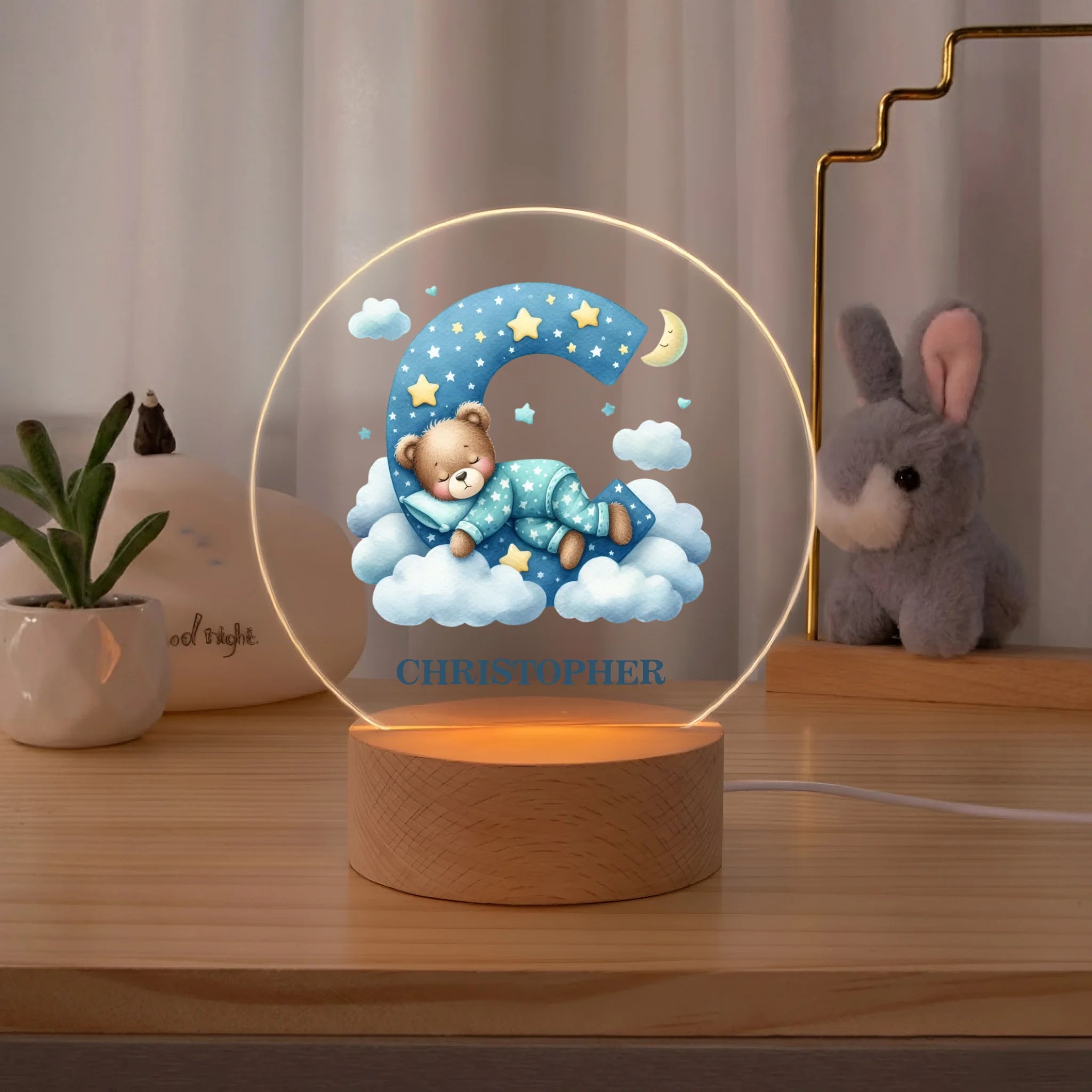 Custom Teddy Bear Night Light - Personalized Name LED Lamp - Gift for Children, Kids