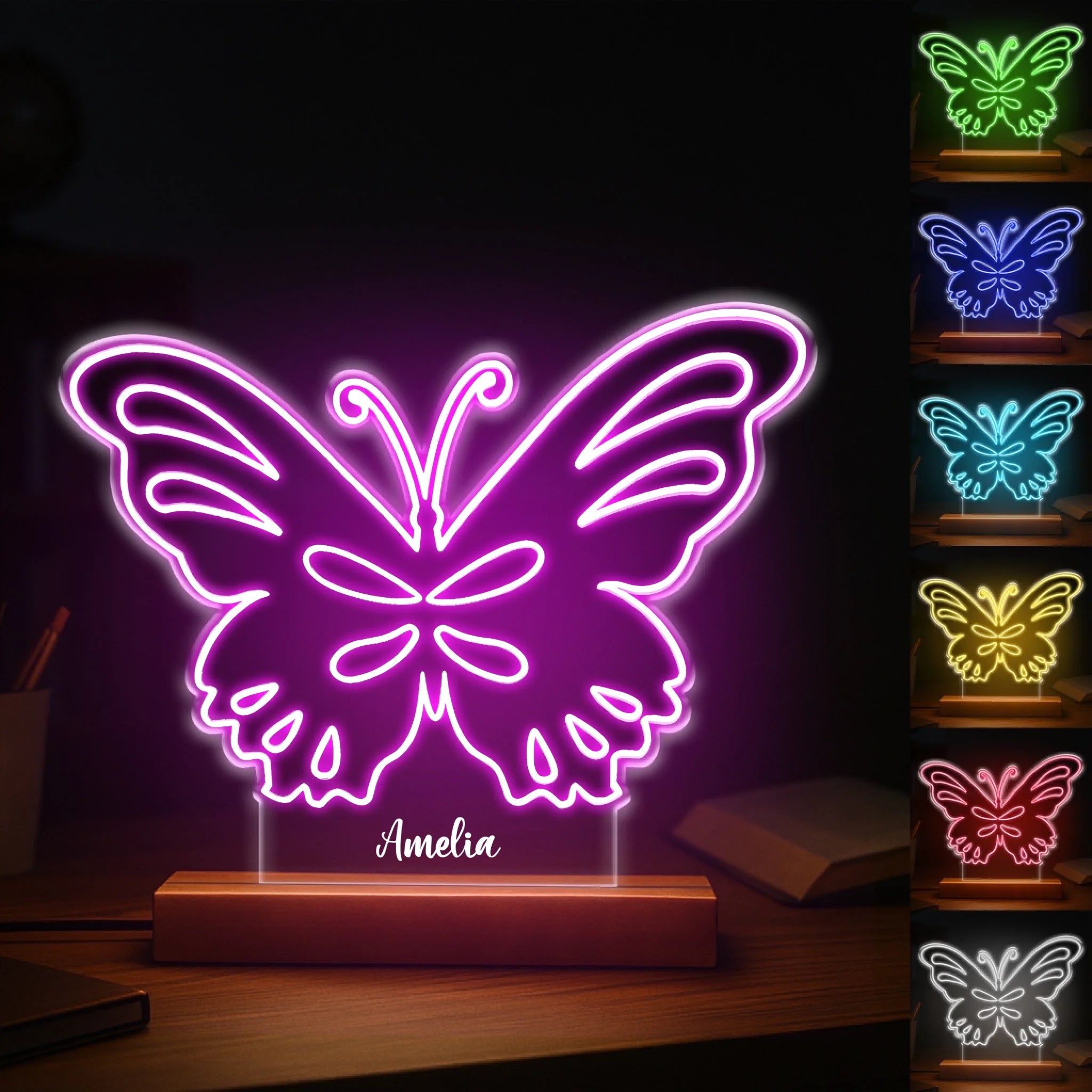 Custom Butterfly 7 Color Changing Night Light - Personalized Kids Name LED Lamp - Gift for Girls Bedroom Decor