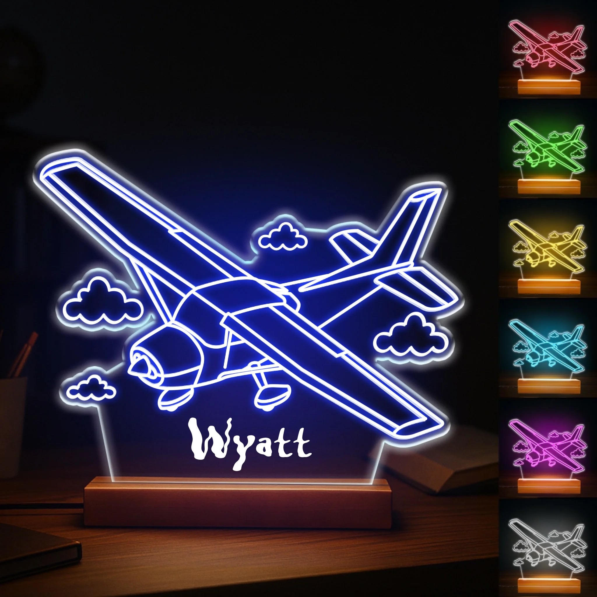 Custom Plane Night Lamp - Personalized Pilot Theme 7 Colors LED Light - Gift for Children