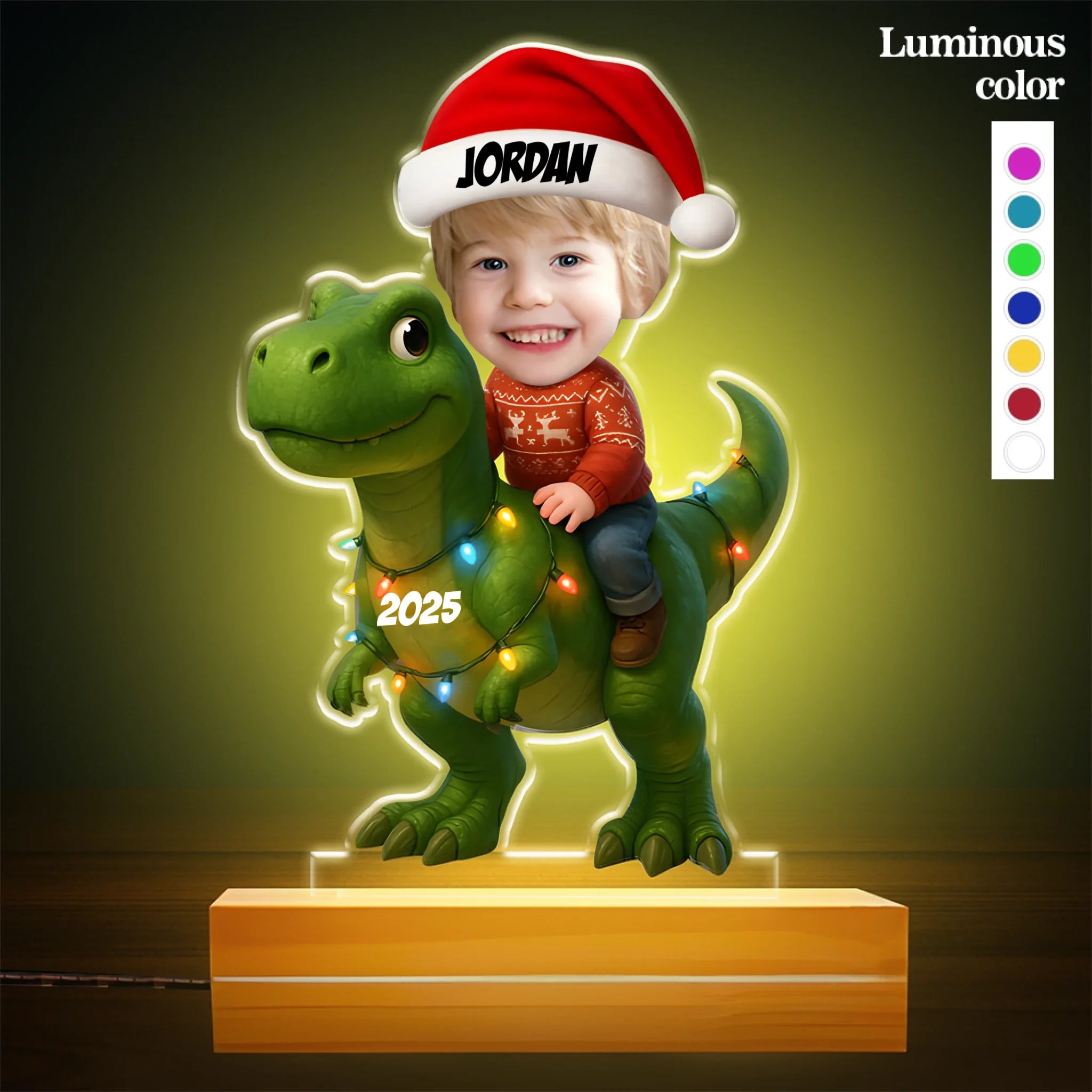 Custom Dinosaur Christmas 7 Color Change Night Light - Personalized Kid Photo LED Lamp - Gift for Children