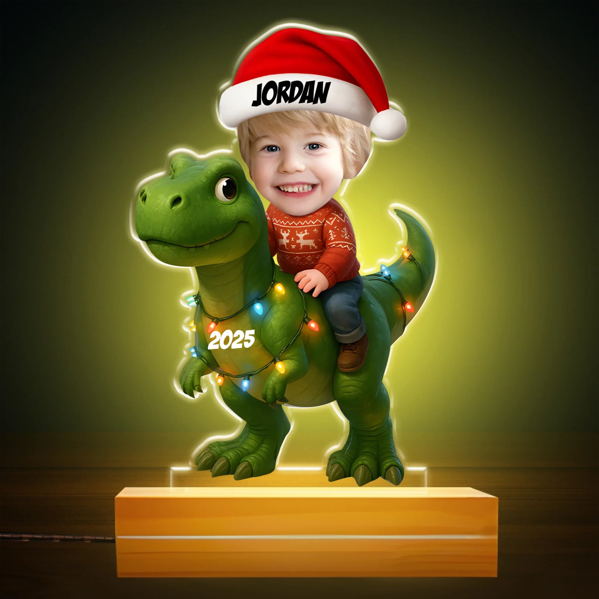 Custom Dinosaur Christmas 7 Color Change Night Light - Personalized Kid Photo LED Lamp - Gift for Children