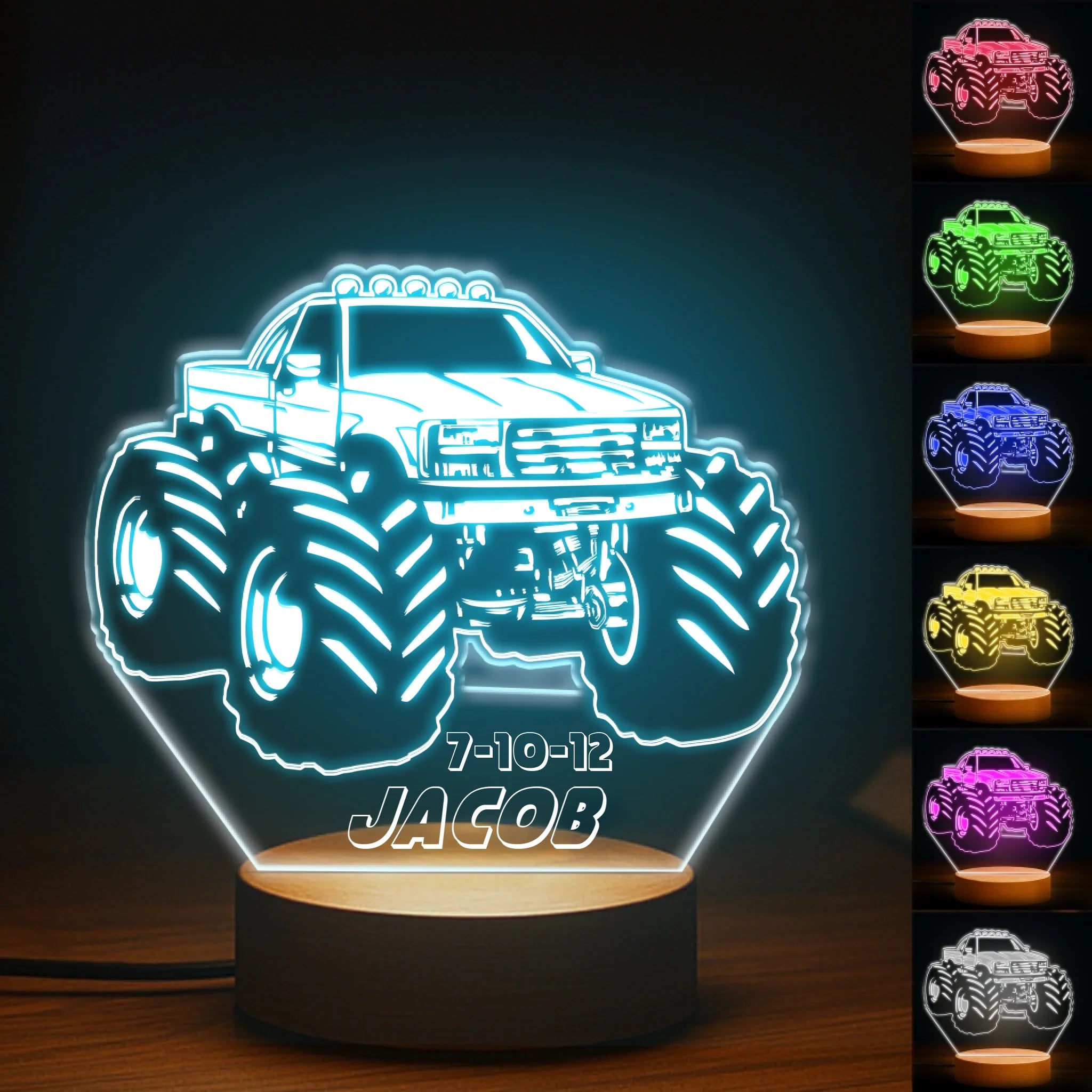 Custom Monster Truck Night Light - Personalized 7-Color Acrylic LED Light - Gift for Kids Boys Girls Monster Truck Fans