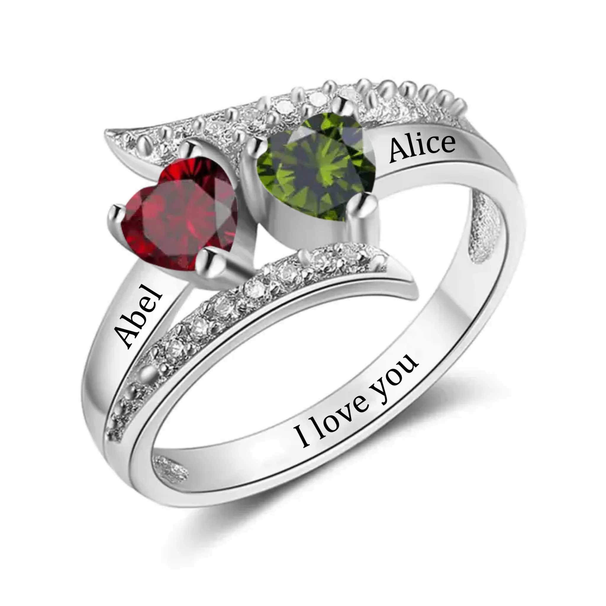 Customized Heart Shaped Ring with Diamonds - Personalized Name and Heart Birthstone Ring - A Gift For Mother,Wife