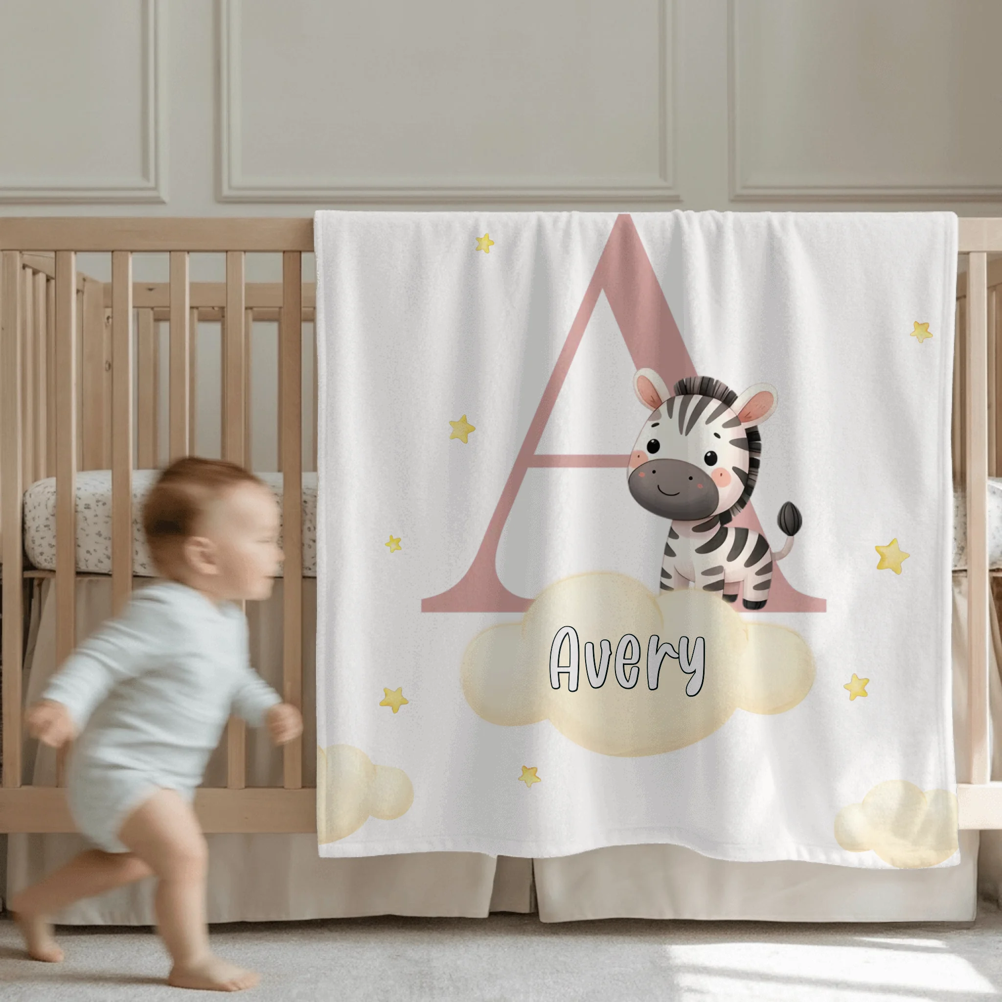 Custom Initial Baby Blanket - Personalized Animal Nursery Throw with Name and Color Letter - Gift for Newborns Boys Girls