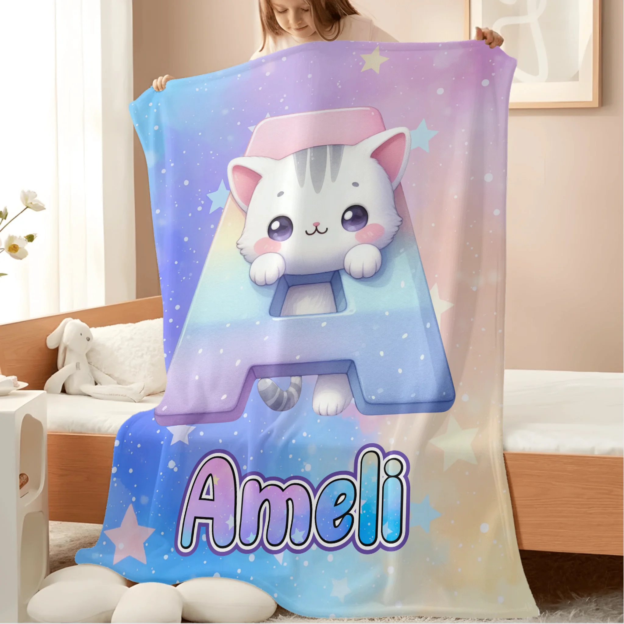 Custom Cat Blanket with Name - Personalized Kids Initial Throw - Gift for Daughter Son Birthday