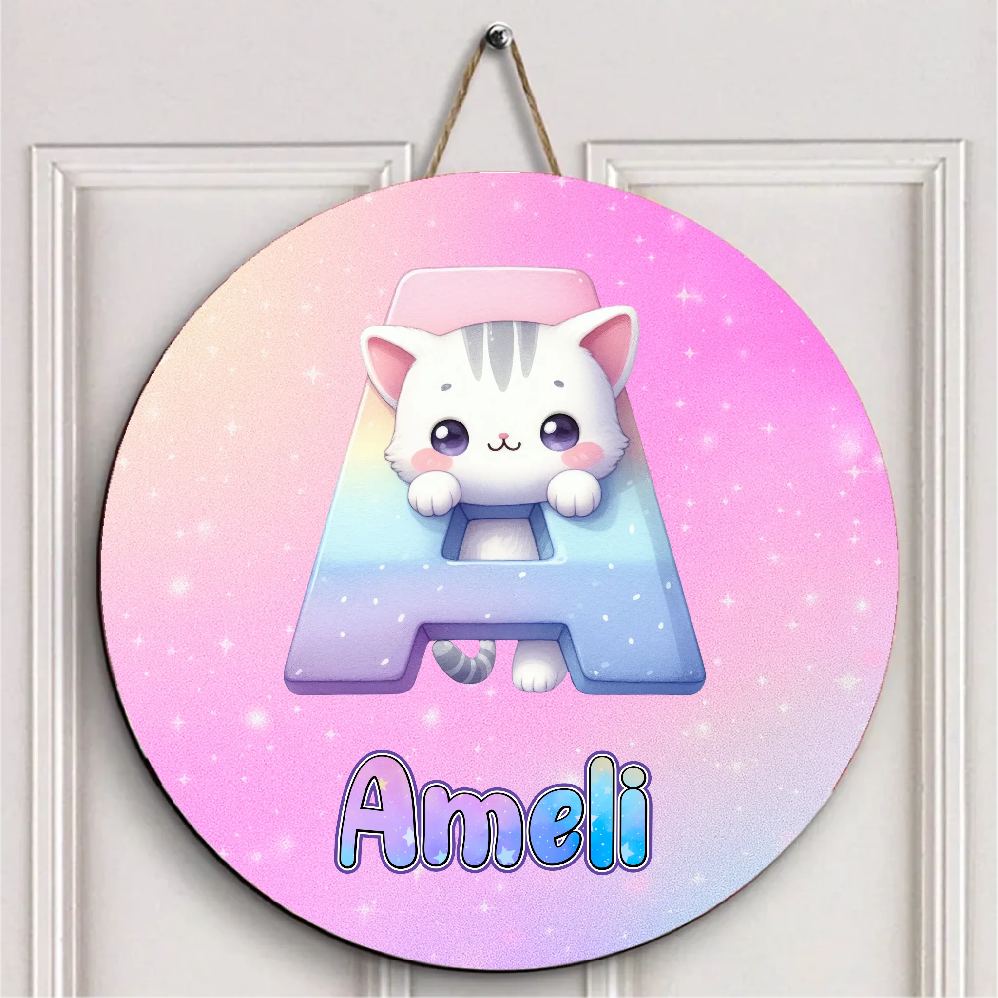 Custom Cat Wooden Door Sign - Personalized Initial Name Wall Plaque - Gift for Kids Boys Girls Nursery Decor