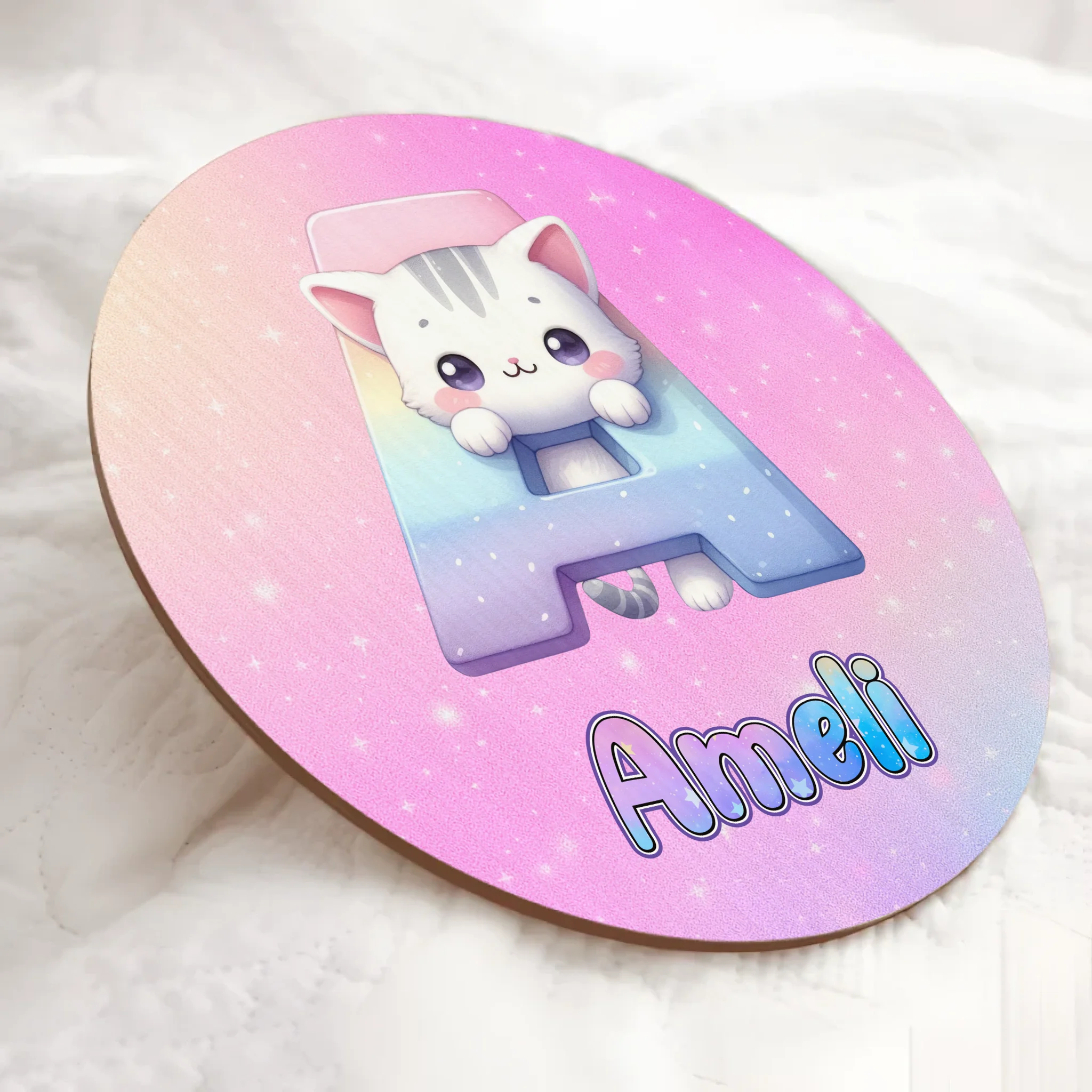 Custom Cat Wooden Door Sign - Personalized Initial Name Wall Plaque - Gift for Kids Boys Girls Nursery Decor